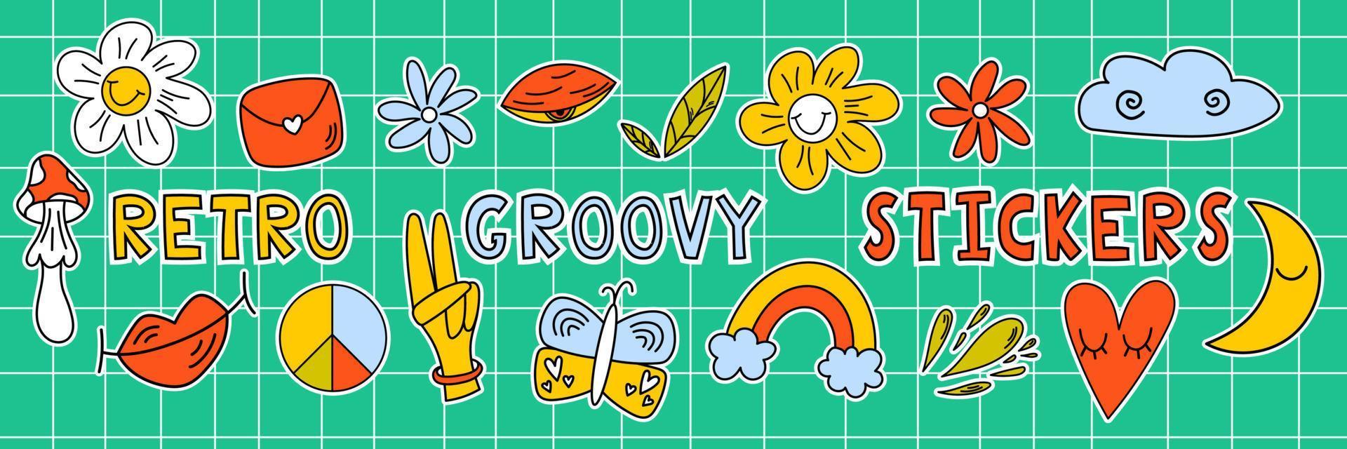 retro jaren 70 groovy elementen, schattig hippie stickers. groovy hippie jaren 70 set. reeks retro stickers. vector stickers - paddestoelen, bloemen, vlinder, plas, regenboog, hart, wolk, lippen.