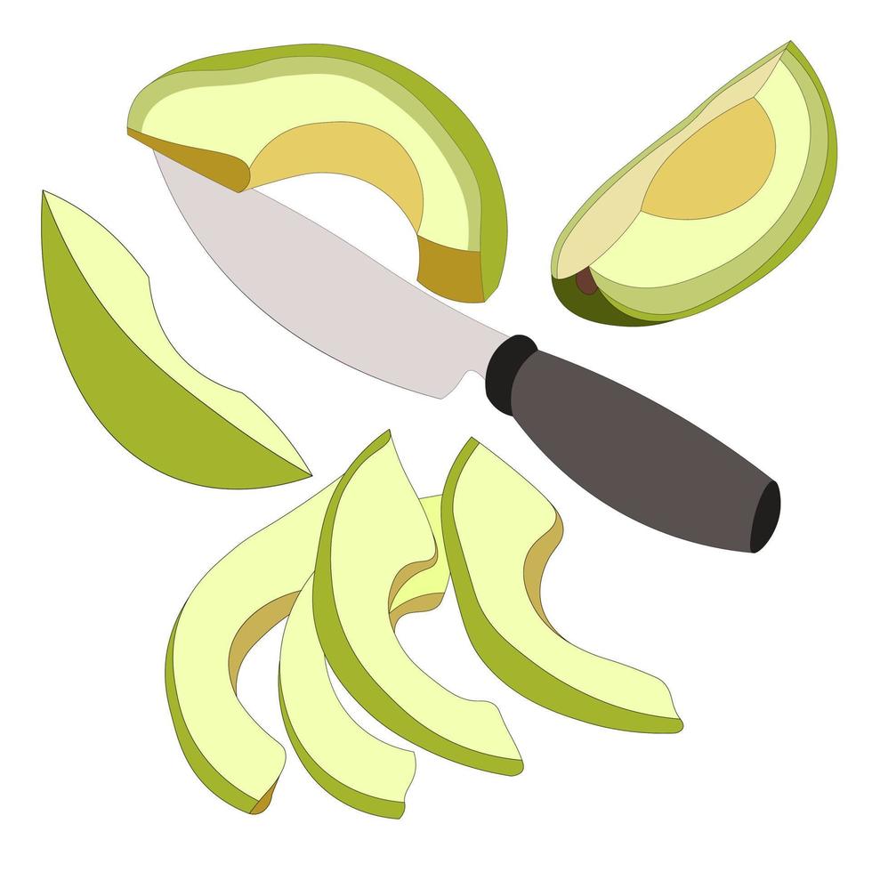 reeks van rijp avocado fruit, gesneden met metaal keuken mes. boerderij eco-product, groenten zonder nitraten vector