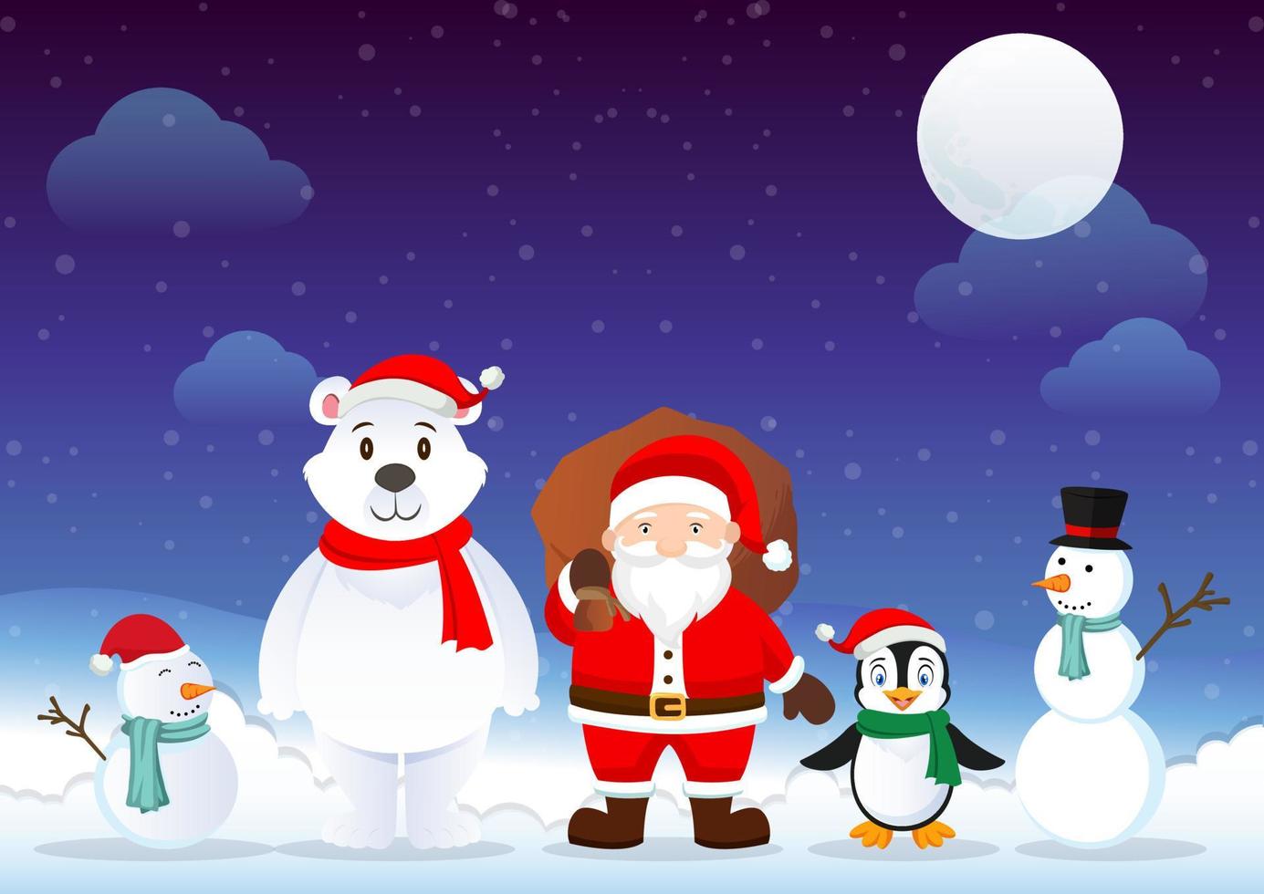Kerstmis achtergrond ontwerp vector. de kerstman claus, pinguïn, polair beer, sneeuwman tekenfilm tekens vector