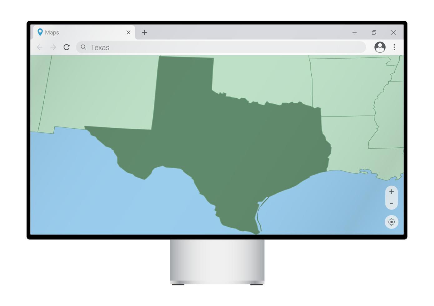 computer toezicht houden op met kaart van Texas in browser, zoeken voor de land van Texas Aan de web in kaart brengen programma. vector