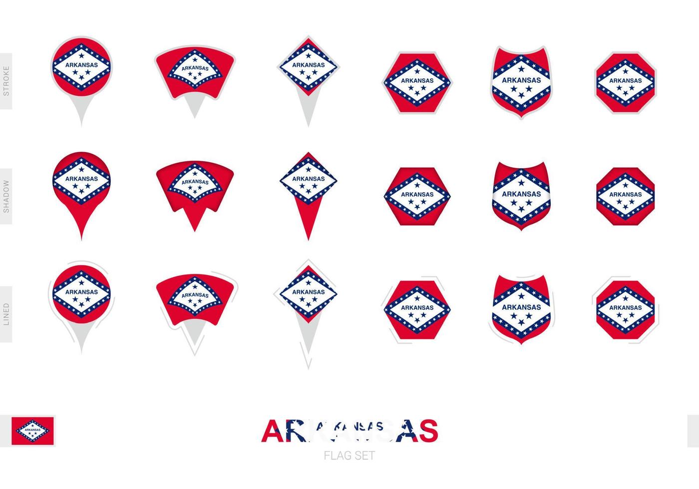 verzameling van de Arkansas vlag in verschillend vormen en met drie verschillend Effecten. vector