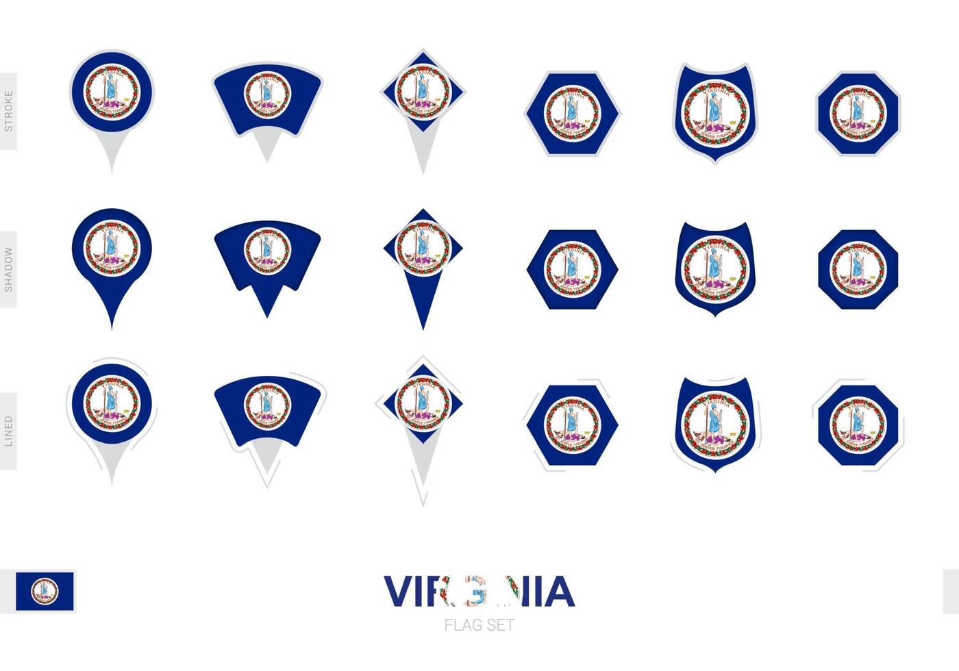 verzameling van de Virginia vlag in verschillend vormen en met drie verschillend Effecten. vector