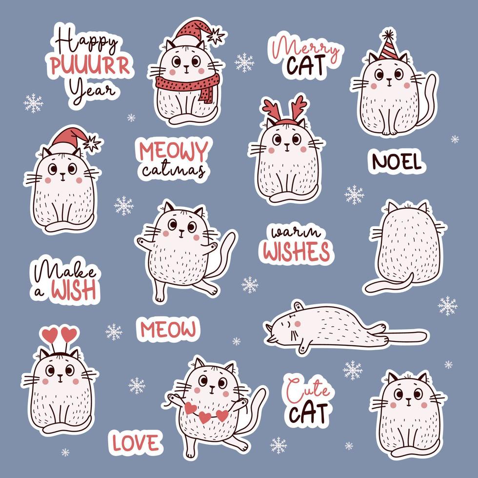 grappig stickers met schattig katten voor Kerstmis en winter. vector illustratie. verzameling geïsoleerd karakter katten en feestelijk inscripties voor Kerstmis en nieuw jaar ontwerp