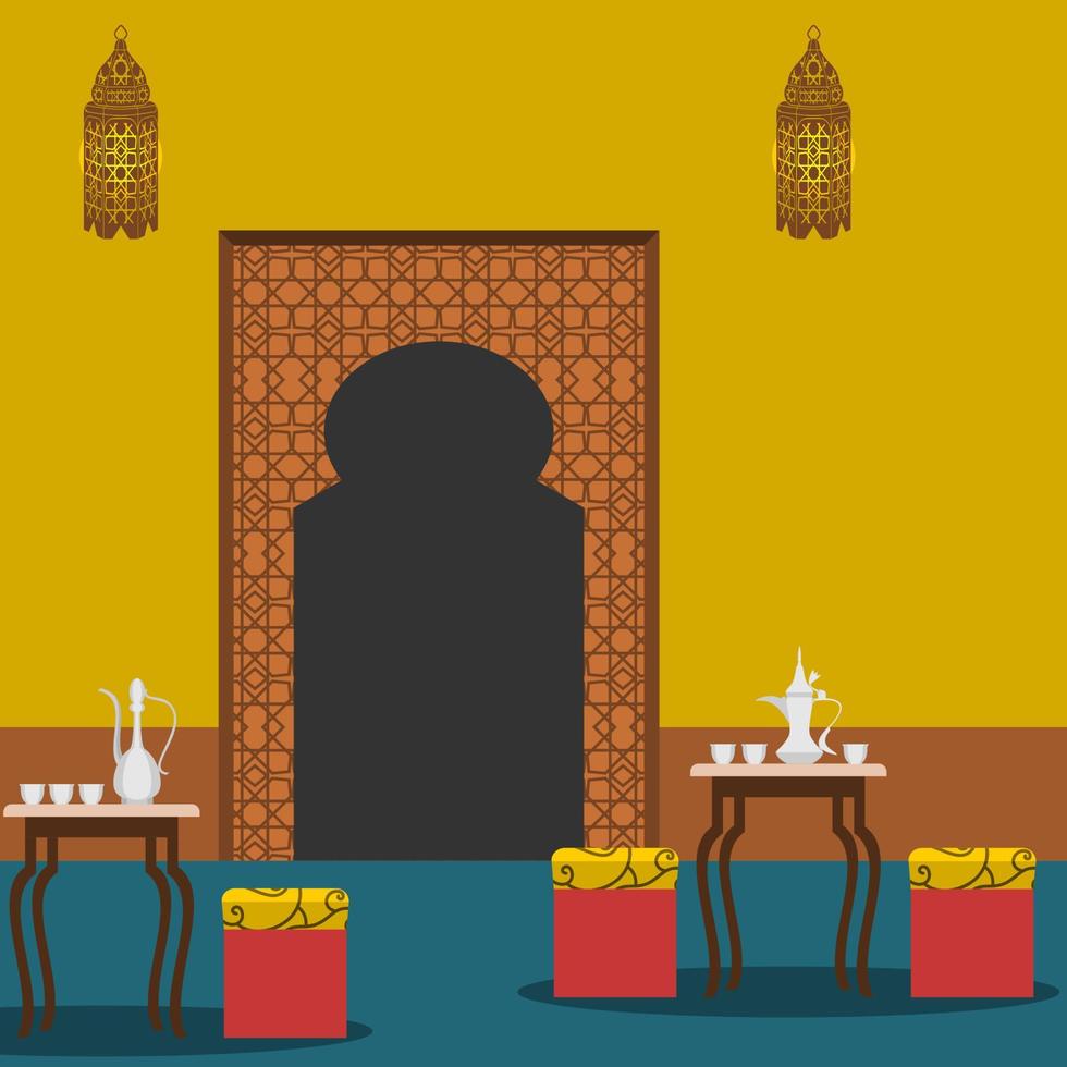 bewerkbare traditioneel gevormde Arabisch koffie winkel interieur vector illustratie met dallah pot en finjan cups Aan tafel voor Islamitisch momenten of Arabisch cultuur cafe verwant ontwerp