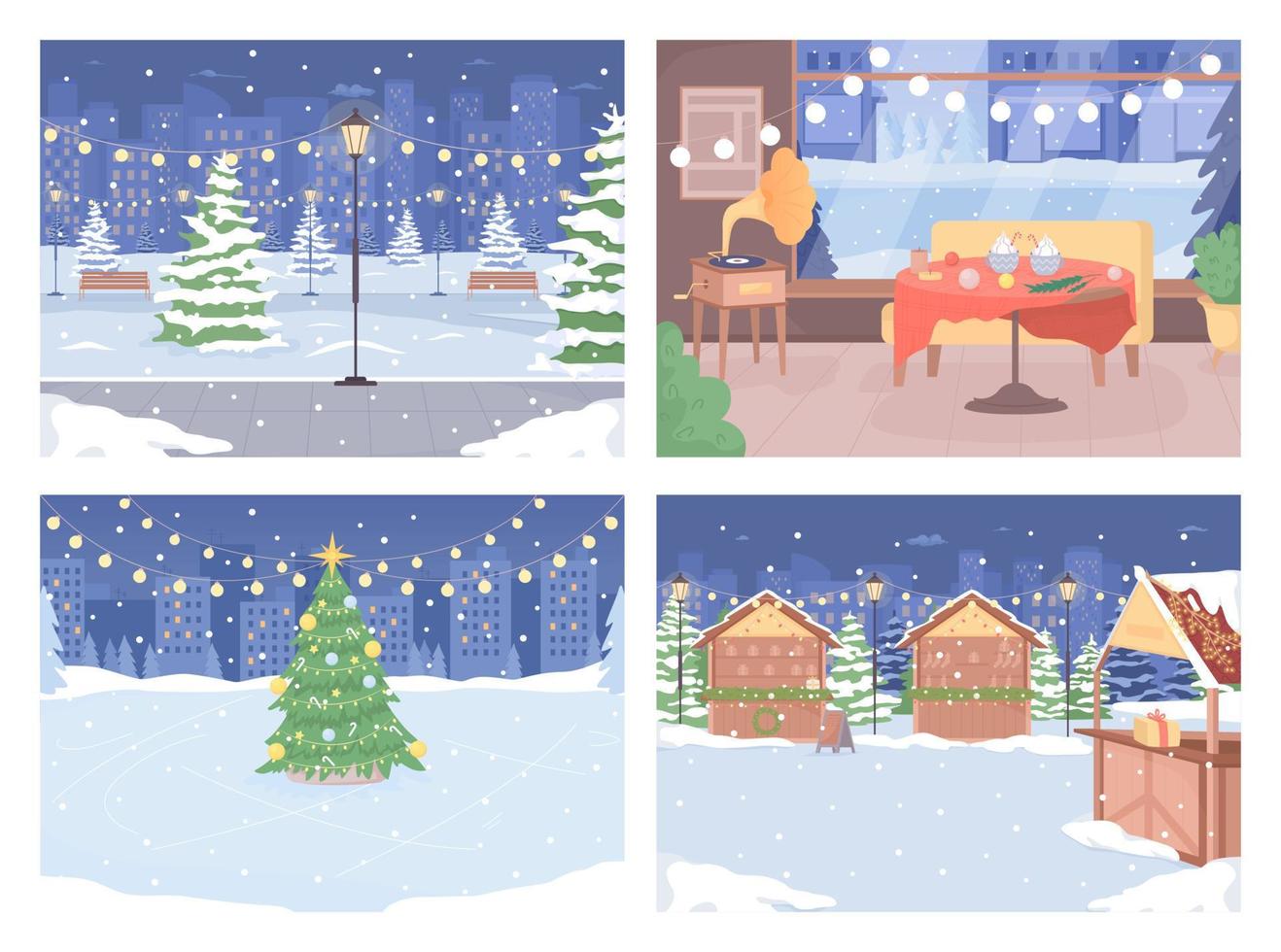 winter buitenshuis scènes Aan Kerstmis vooravond vlak kleur vector illustratie set. Kerstmis markt. koffie winkel. park. ten volle bewerkbare 2d gemakkelijk tekenfilm stadsgezichten, interieur verzameling met Aan achtergrond