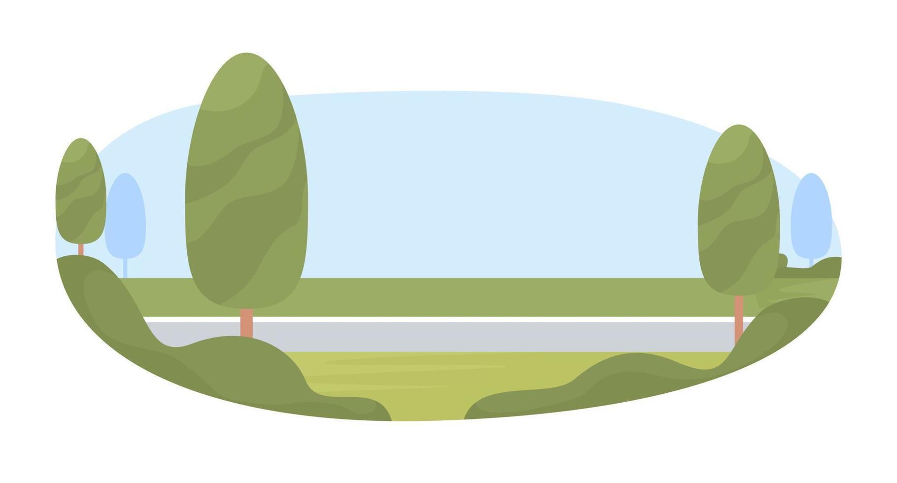 rijweg 2d vector geïsoleerd illustratie. langs de weg groen vlak voorwerpen Aan tekenfilm achtergrond. buitenwijk weg. infrastructuur kleurrijk bewerkbare tafereel voor mobiel, website, presentatie