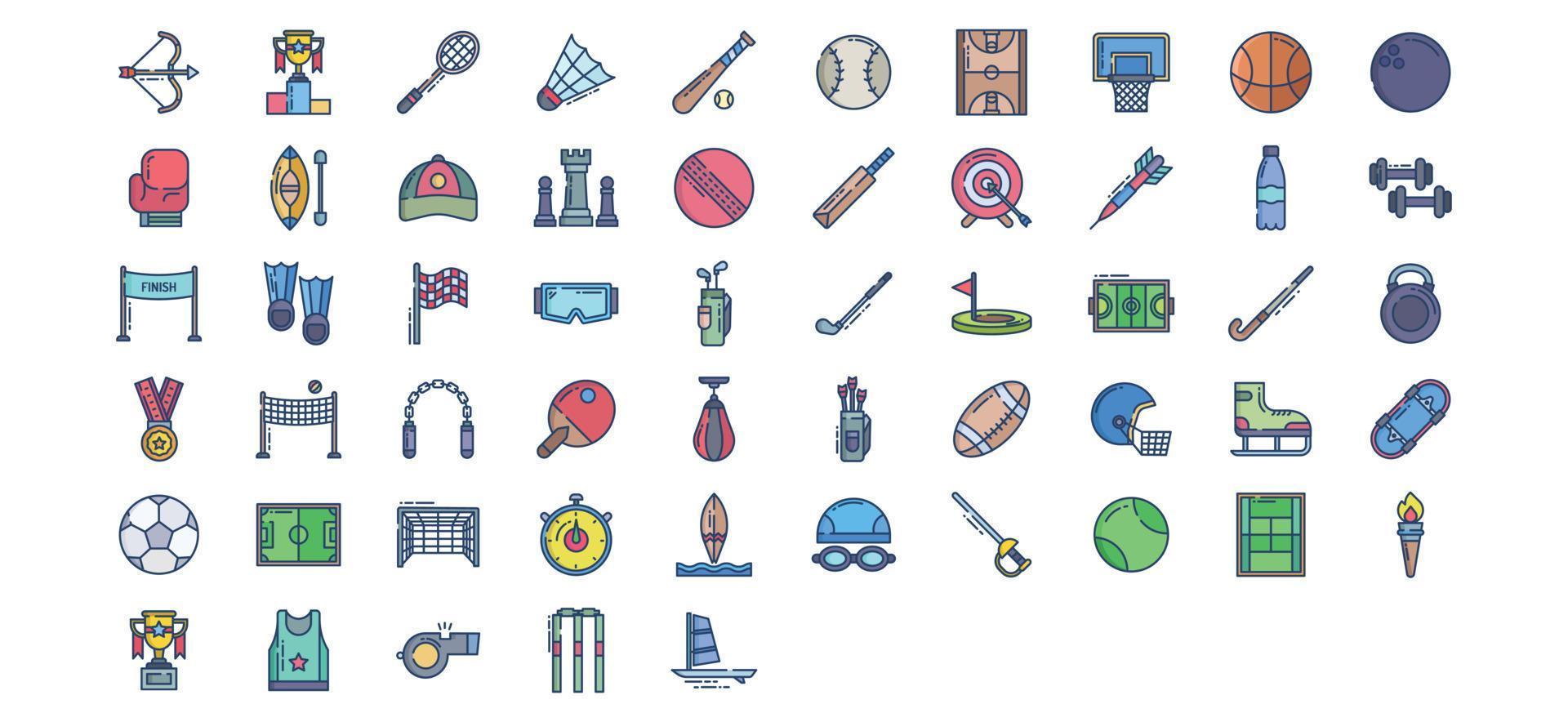 verzameling van pictogrammen verwant naar sport- en spellen, inclusief pictogrammen Leuk vinden boogschieten, prijs, badminton, basketbal en meer. vector illustraties, pixel perfect reeks