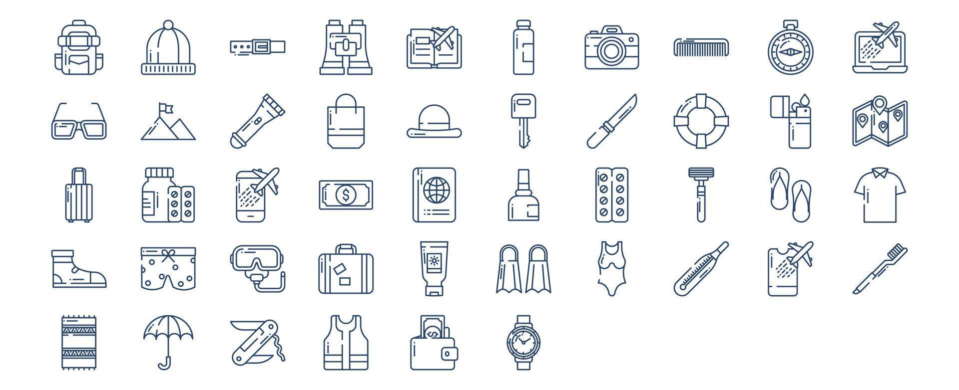 verzameling van pictogrammen verwant naar reizen accessoires, inclusief pictogrammen Leuk vinden rugzak, muts, boek, camera en meer. vector illustraties, pixel perfect reeks