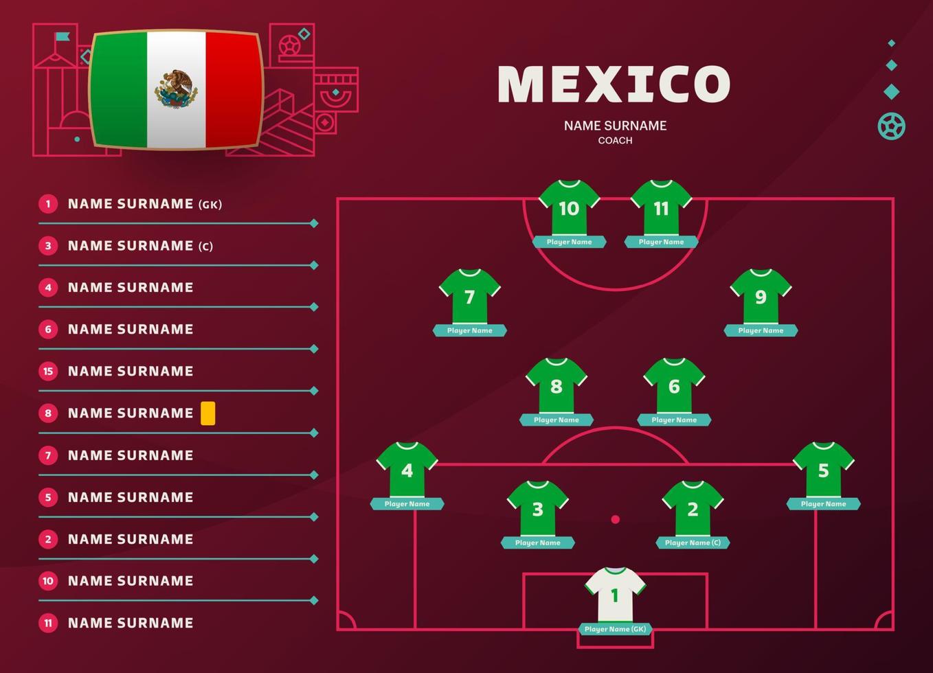 Mexico rij wereld Amerikaans voetbal 2022 toernooi laatste stadium vector illustratie. land team in de rij gaan staan tafel en team vorming Aan Amerikaans voetbal veld. voetbal toernooi vector land vlaggen