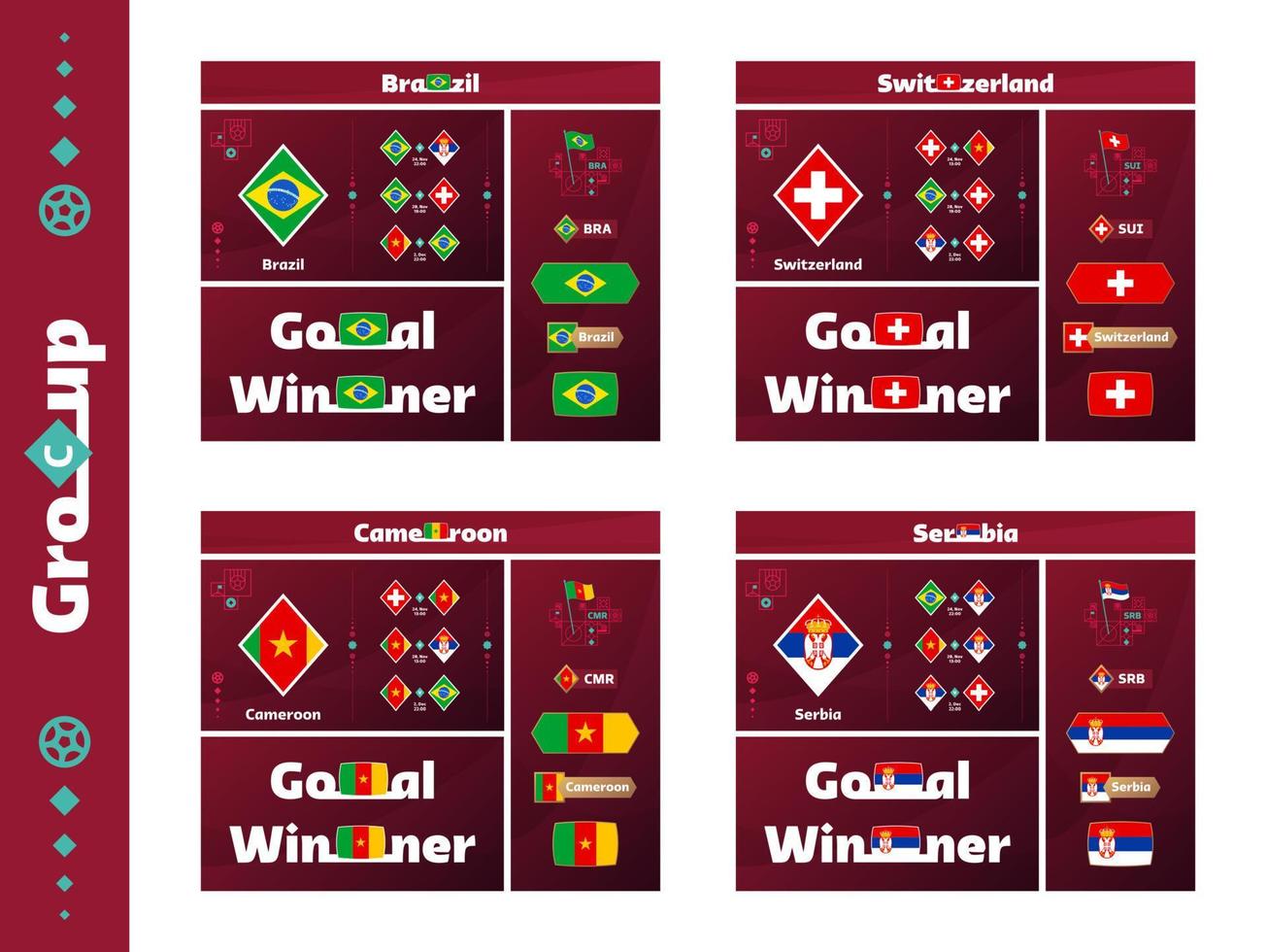 Amerikaans voetbal 2022 kop groep g Brazilië, Zwitserland, kameroen, servië, ontwerp media uitrusting grafisch verzameling. 2022 Amerikaans voetbal kop of voetbal kampioenschap ontwerp elementen vector reeks