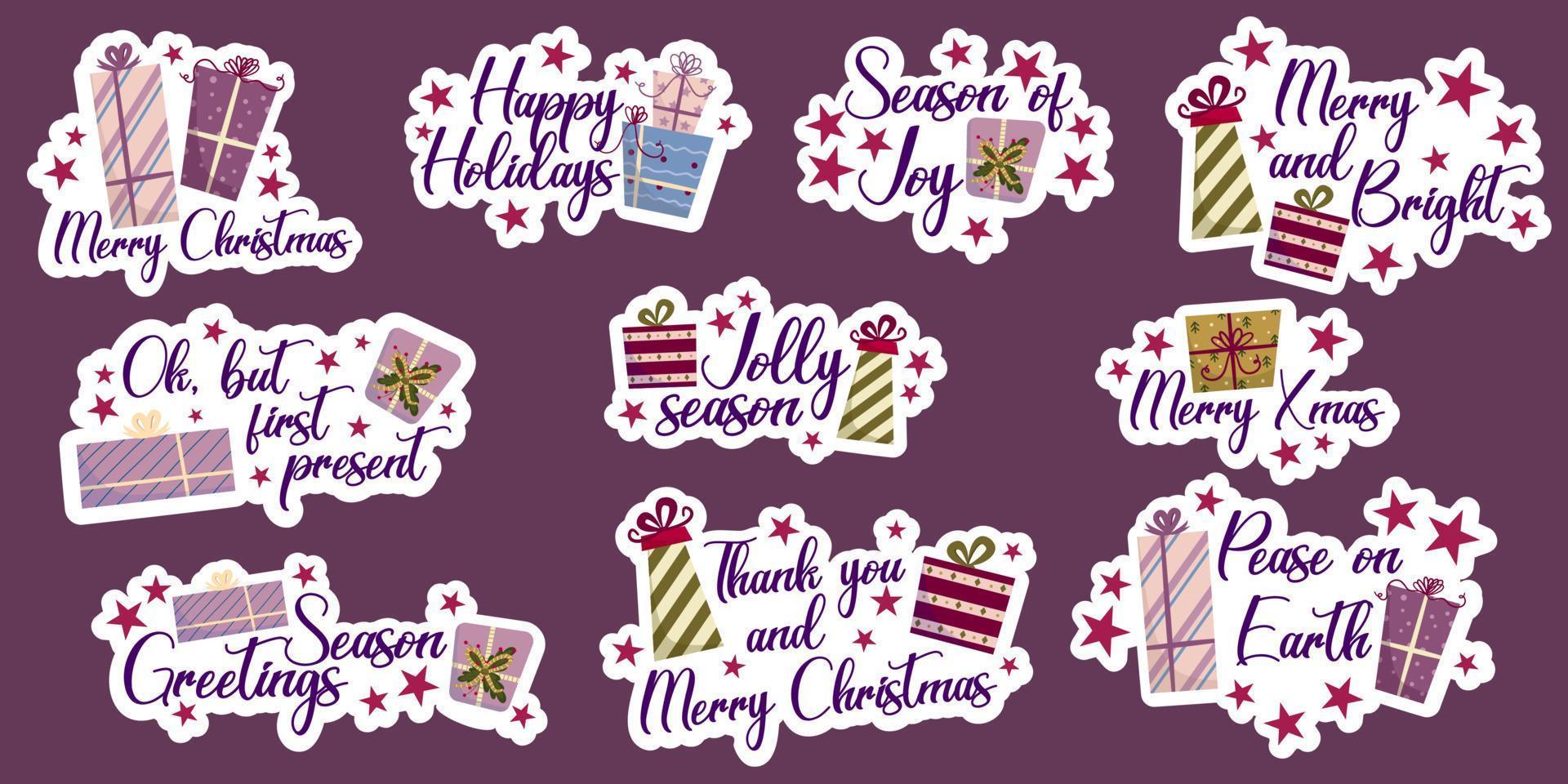 Kerstmis sticker met tekst en geschenk in vlak stijl. Kerstmis geschenk en ster. tekst bericht. nieuw jaar vakantie groet kaart. vector sticker geïsoleerd verzameling