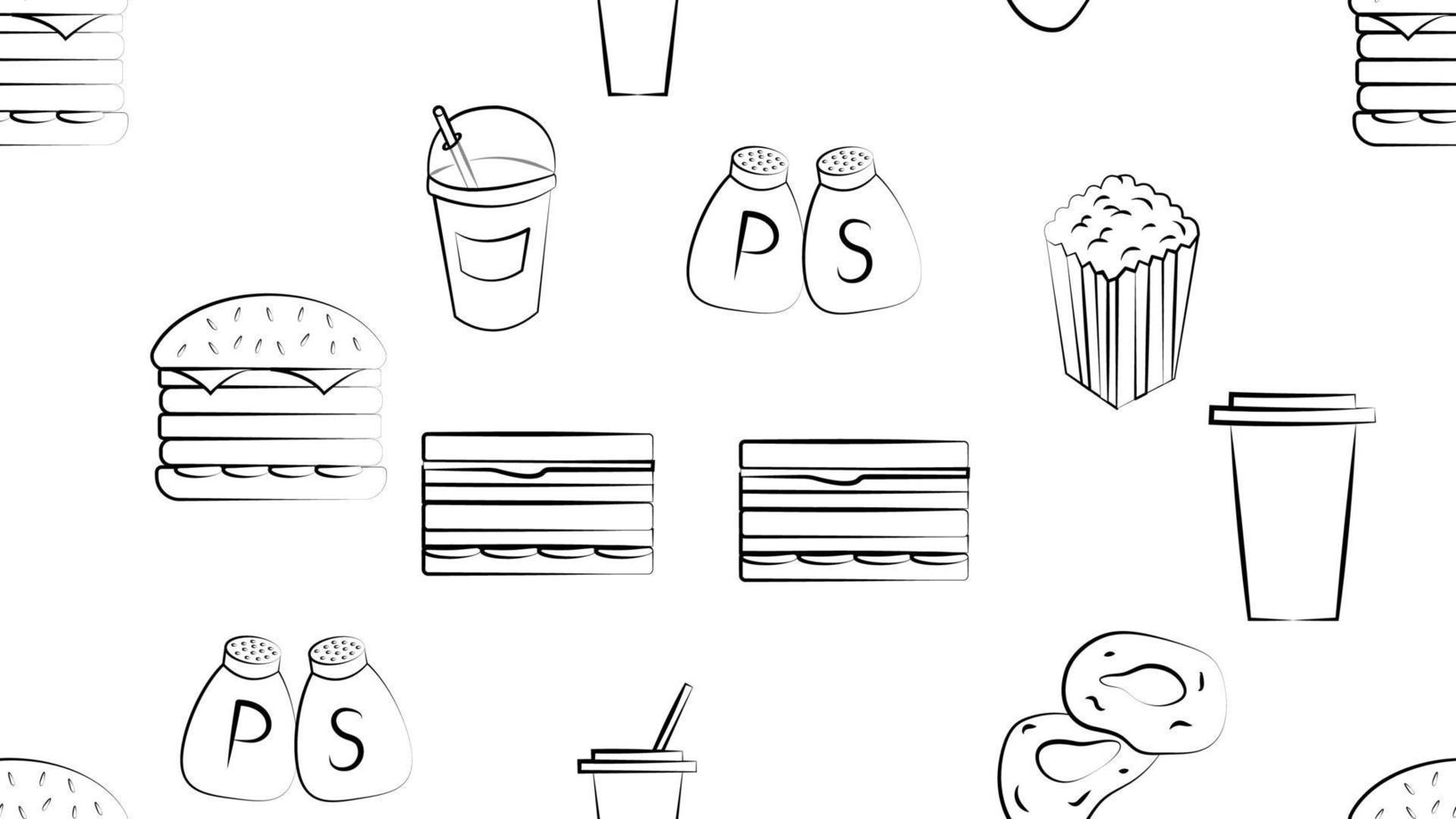 zwart en wit eindeloos naadloos patroon van voedsel en tussendoortje items pictogrammen reeks voor restaurant bar cafe ei, paddestoel, vis, ingeblikt voedsel, ui, pizza, groenen. de achtergrond vector