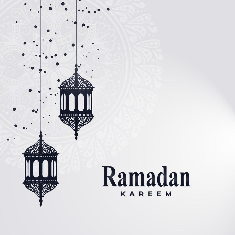 ramadhan kareem-kaart met hangende lantaarns en embleem vector