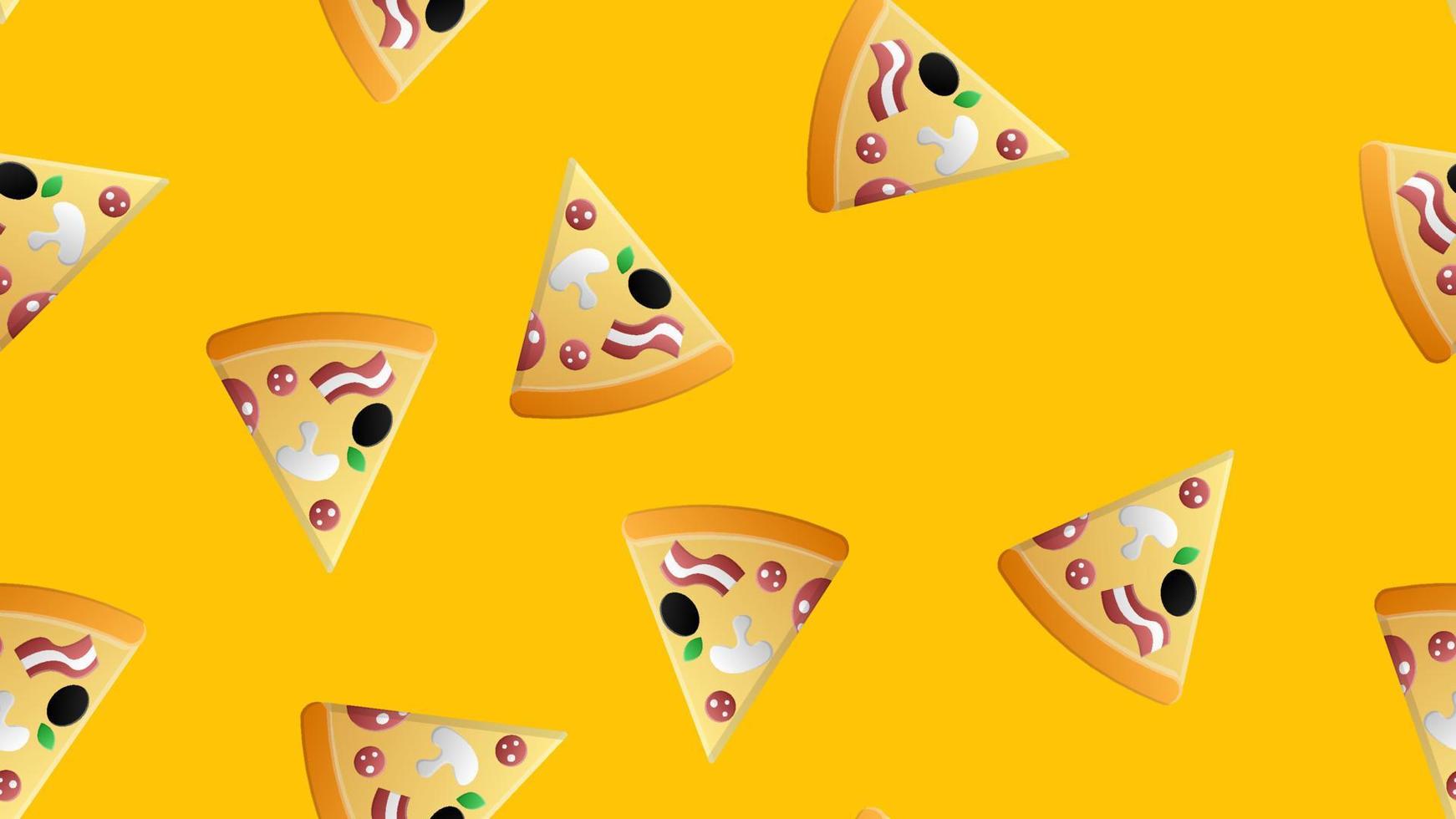 kleurrijk naadloos patroon met heerlijk peperoni pizza plakjes Aan donker achtergrond. smakelijk Italiaans snel voedsel maaltijd. modern vector illustratie voor textiel afdrukken, behang, achtergrond, omhulsel papier