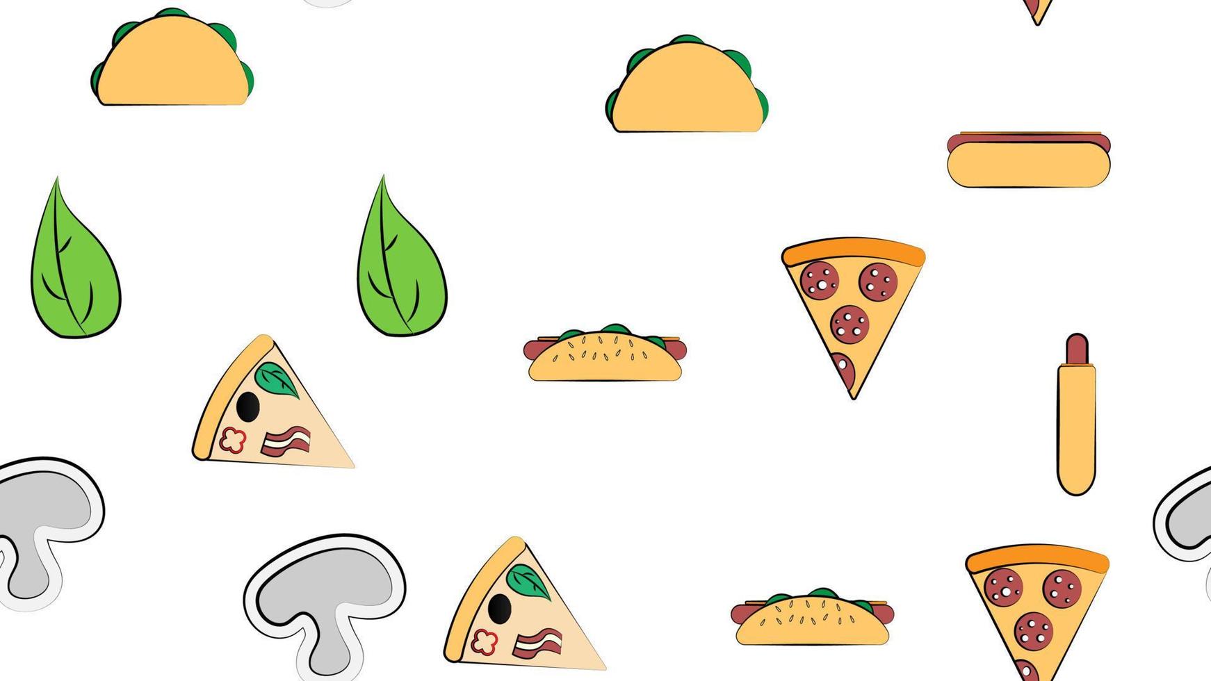 eindeloos wit naadloos patroon van een reeks van pictogrammen van heerlijk voedsel en snacks items voor een restaurant bar cafe pizza, heet hond, burrito, pizza, groenen. de achtergrond vector