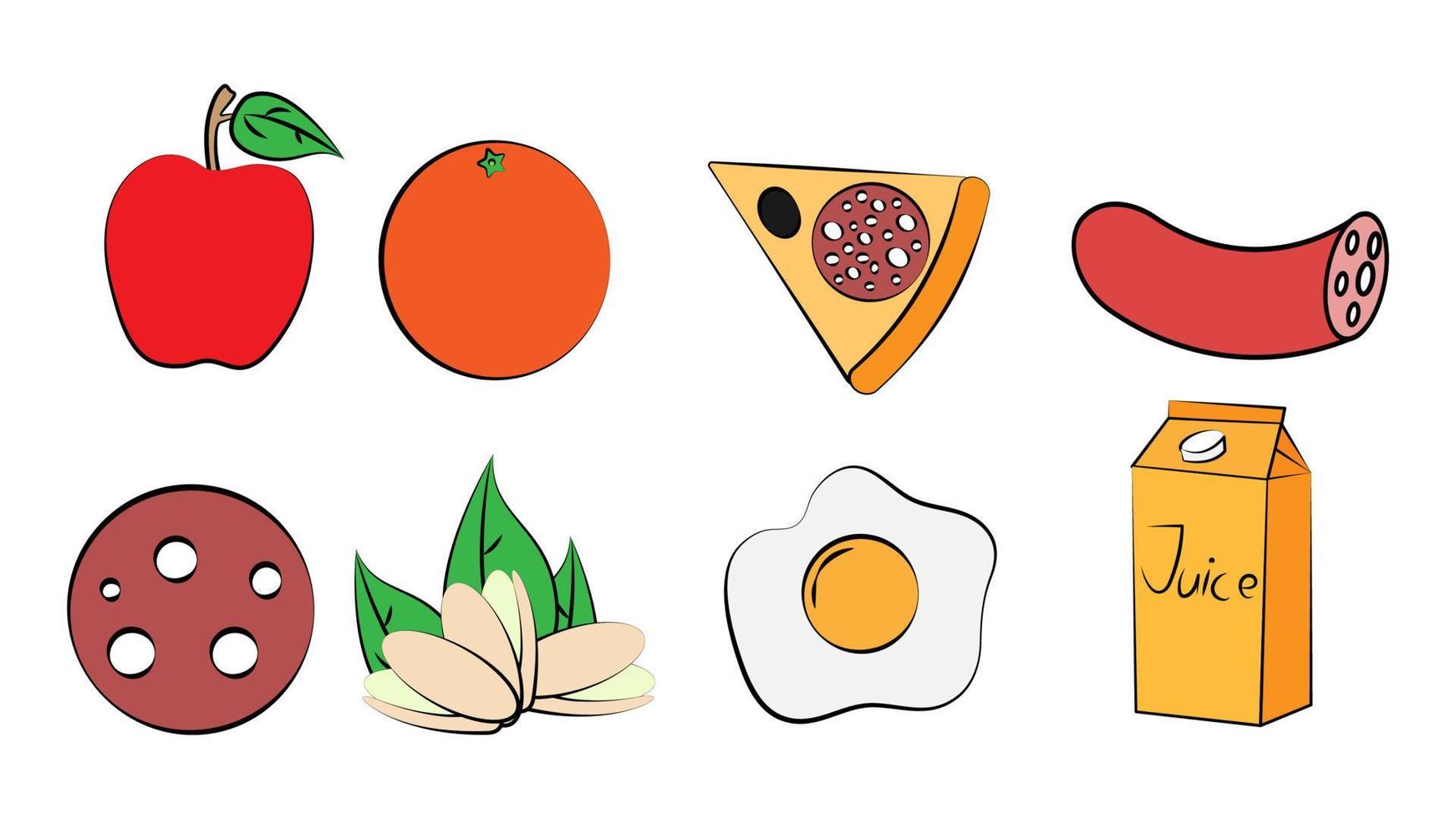een reeks van acht pictogrammen van items van heerlijk voedsel en snacks voor een cafe bar restaurant Aan een wit achtergrond appel, oranje, pizza, worst, fistatski, ei, sap vector