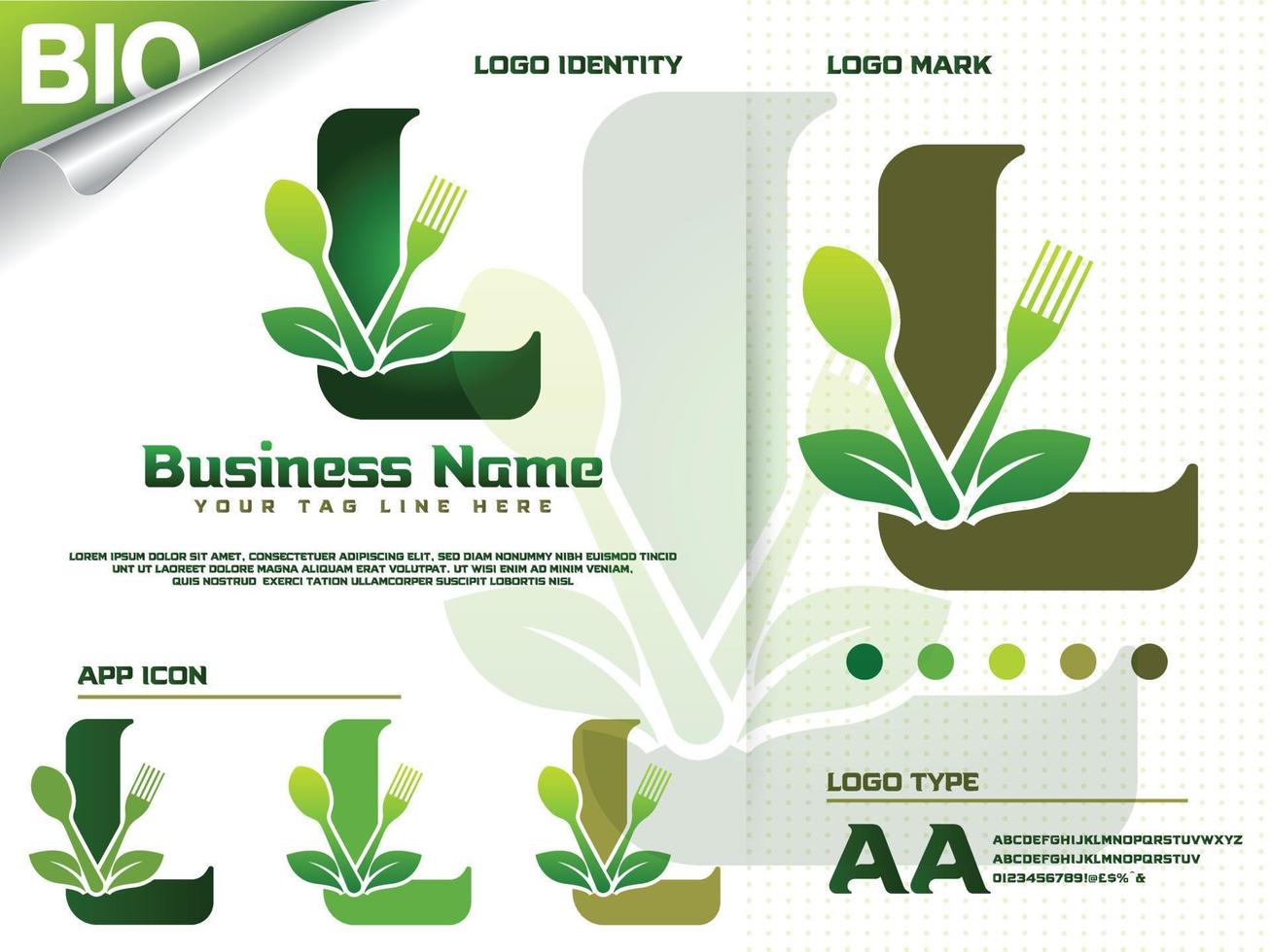 gezond voedsel brief l logo ontwerp met creatief groen blad vector