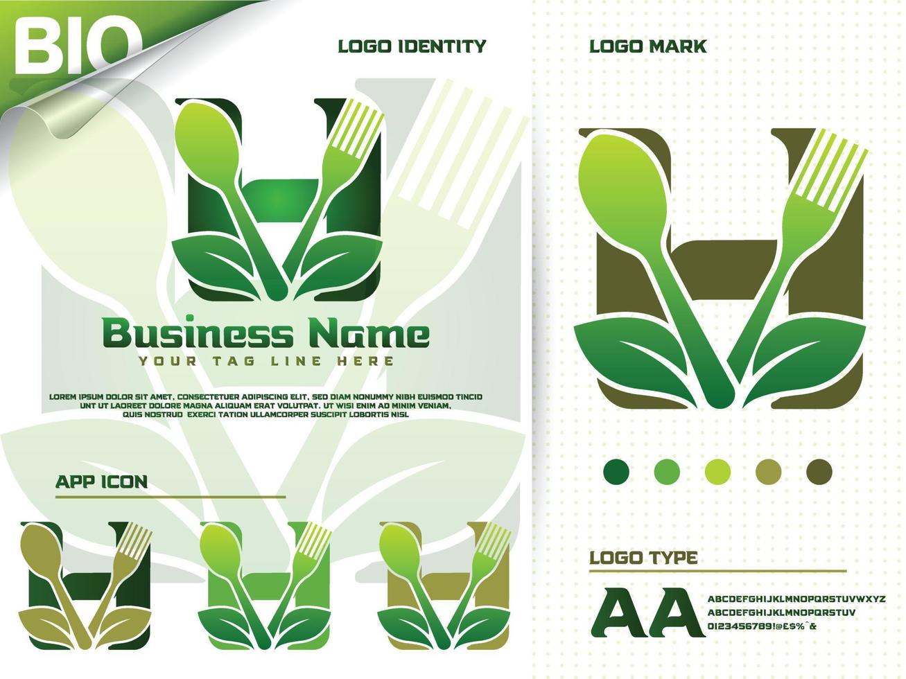 gezond voedsel brief h logo ontwerp met creatief groen blad vector