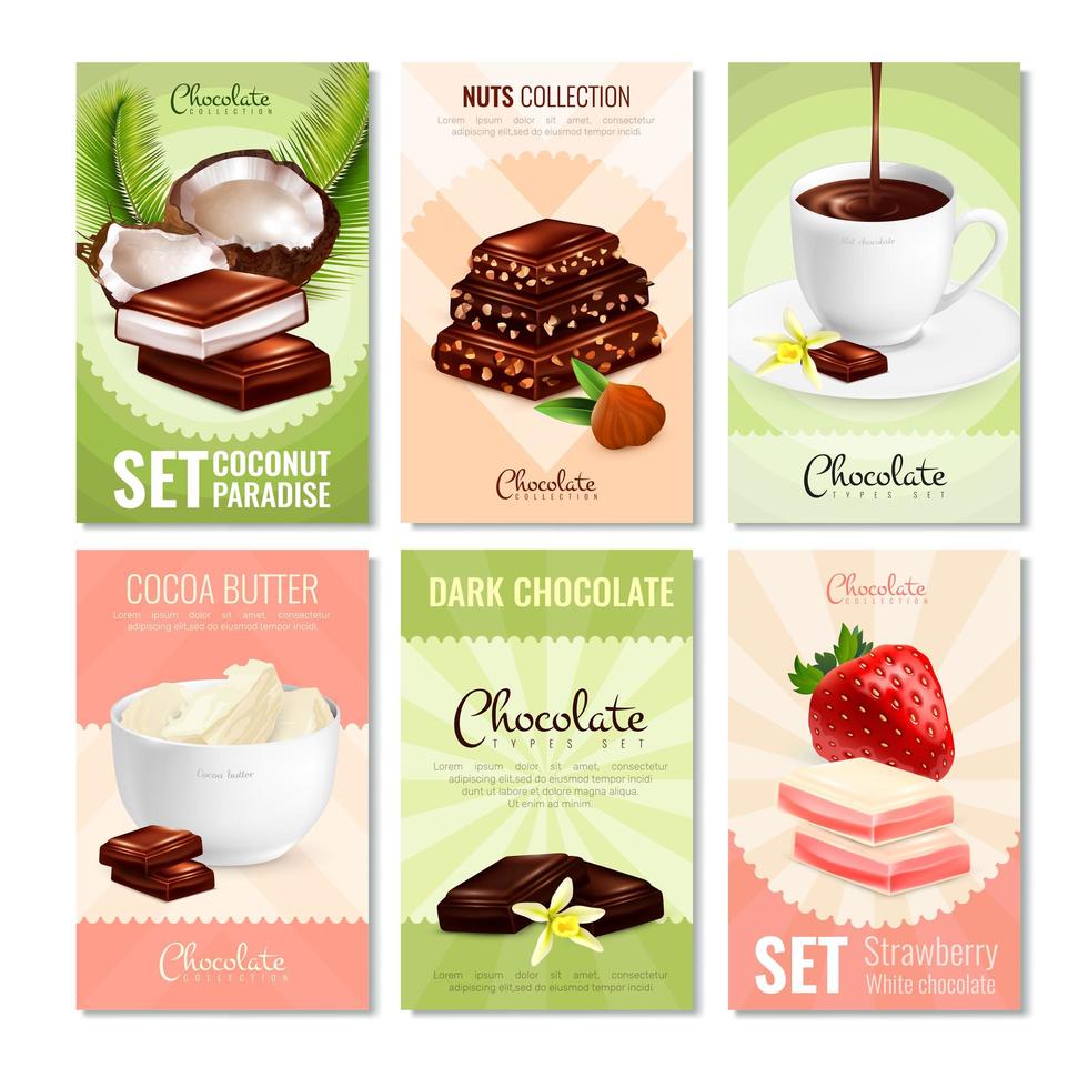 set van zes posters met chocoladeproducten vector