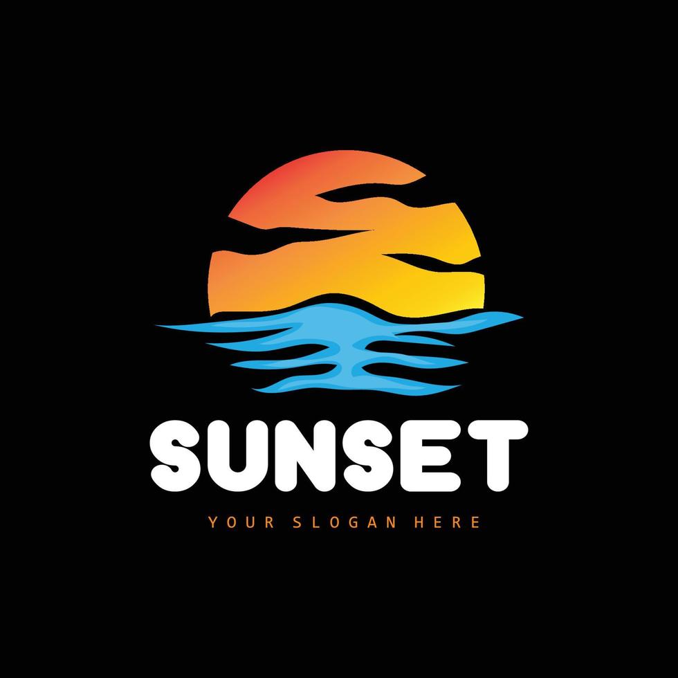 zonsondergang logo, strand ontwerp, rivier- en zon illustratie, vector genieten van de schemering