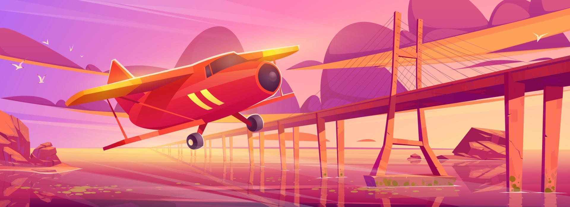 klein vliegtuig vliegend Bij zonsondergang oceaan met brug vector