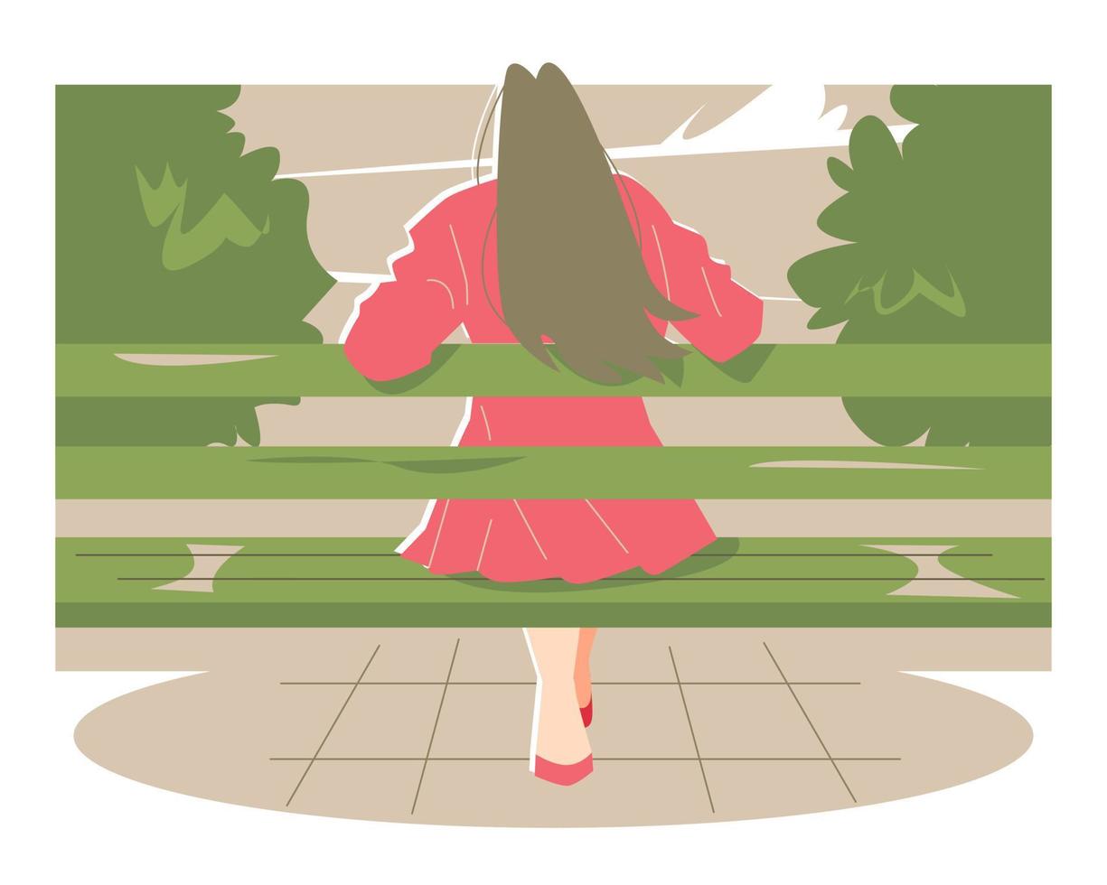 illustratie van een schoonheid vrouw met lang haar- zittend Aan een park bank. geïsoleerd achtergrond van bomen, straat. geschikt voor behang, natuur thema, ontspanning, rust, enz. vlak ontwerp vector