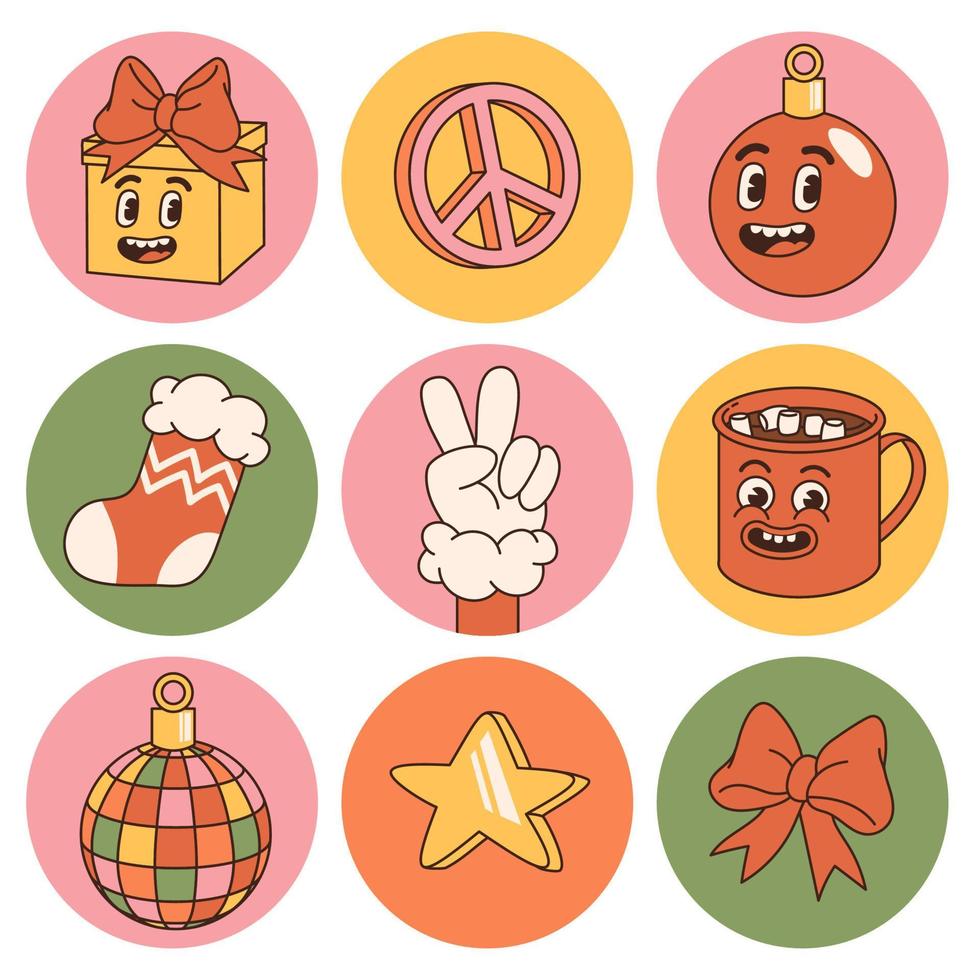groovy hippie Kerstmis stickers. vrede, cacao, ster, bal, geschenk in modieus retro tekenfilm stijl. vector