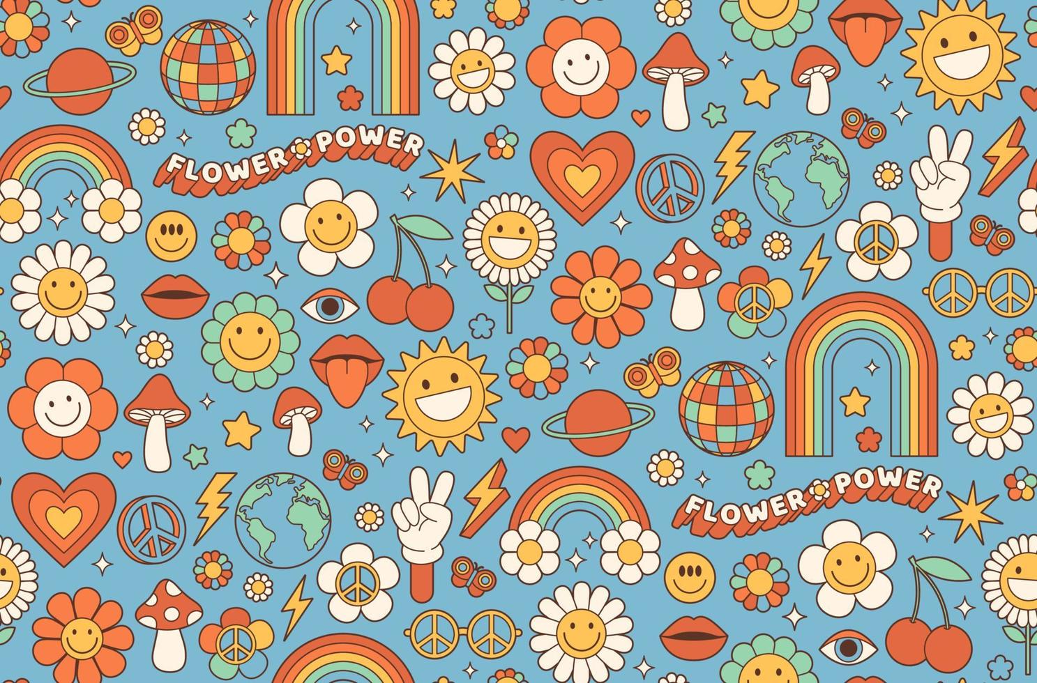 groovy hippie Jaren 70 achtergrond. grappig tekenfilm bloem, regenboog, vrede, liefde, hart, madeliefje, paddestoel. vector