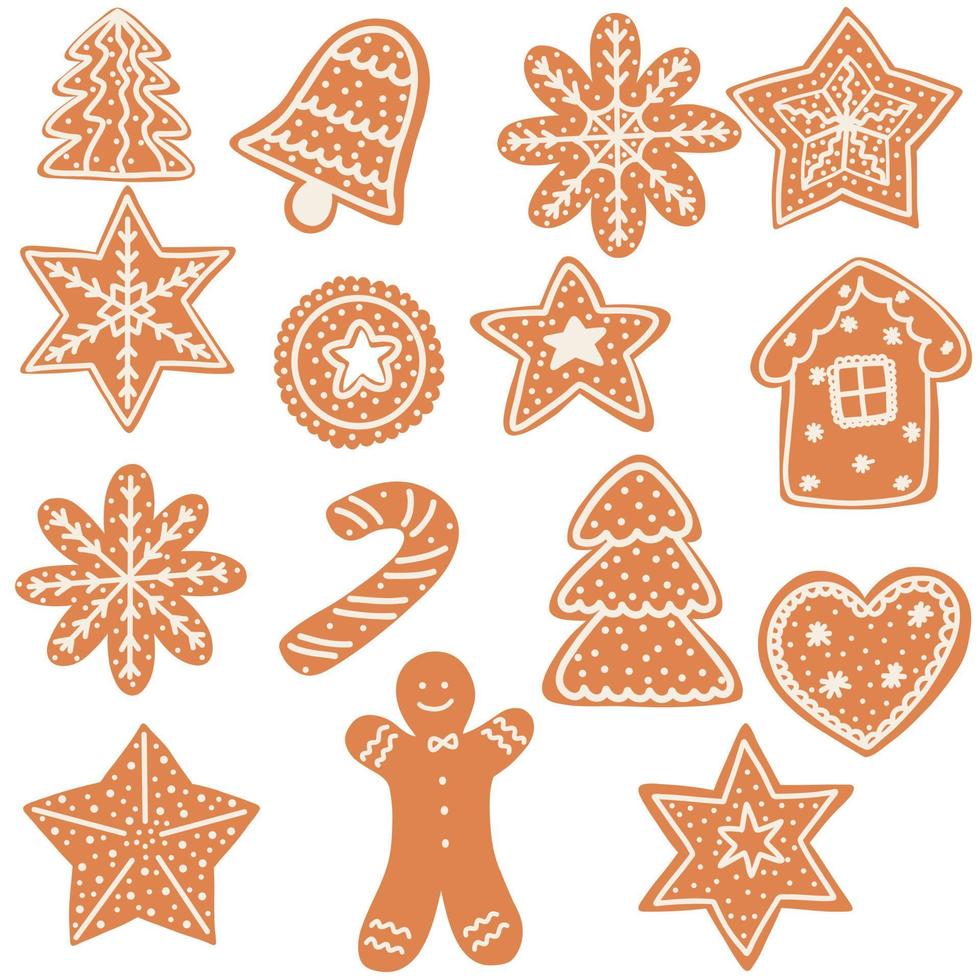 Kerstmis peperkoek koekjes in tekenfilm stijl. hand- getrokken vector illustratie van winter vakantie voedsel. biscuit boom, klok, Mens, huis, hart, sneeuwvlok, ster