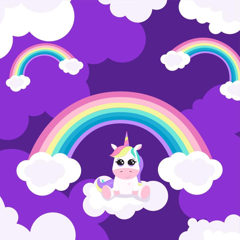 illustratie met schattig eenhoorn, regenboog en wolken. het kan worden gebruikt Leuk vinden ansichtkaart, poster, in typografie vector