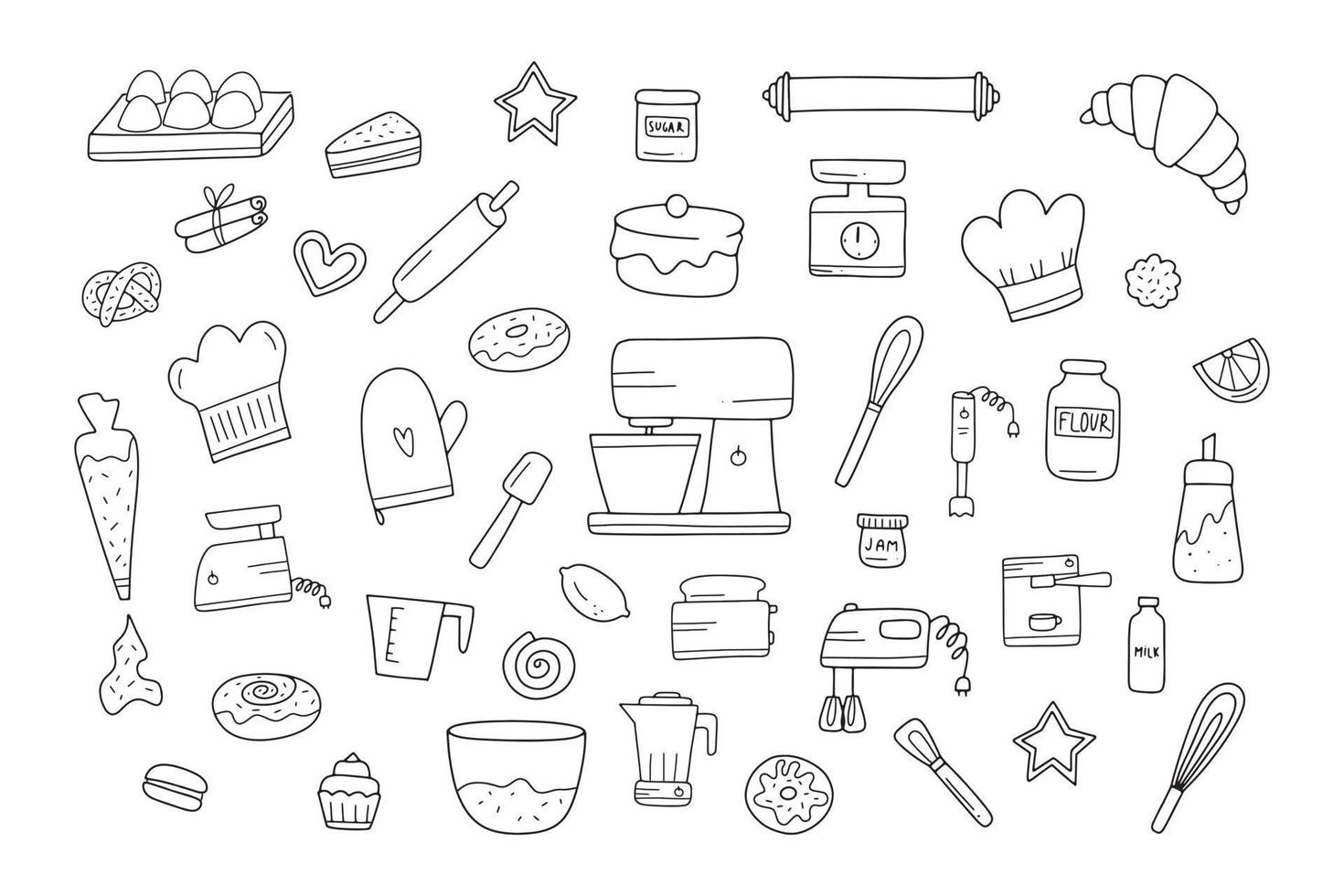 hand- getrokken sjabloon met bakken en Koken apparatuur. tekening schetsen stijl illustratie. vector