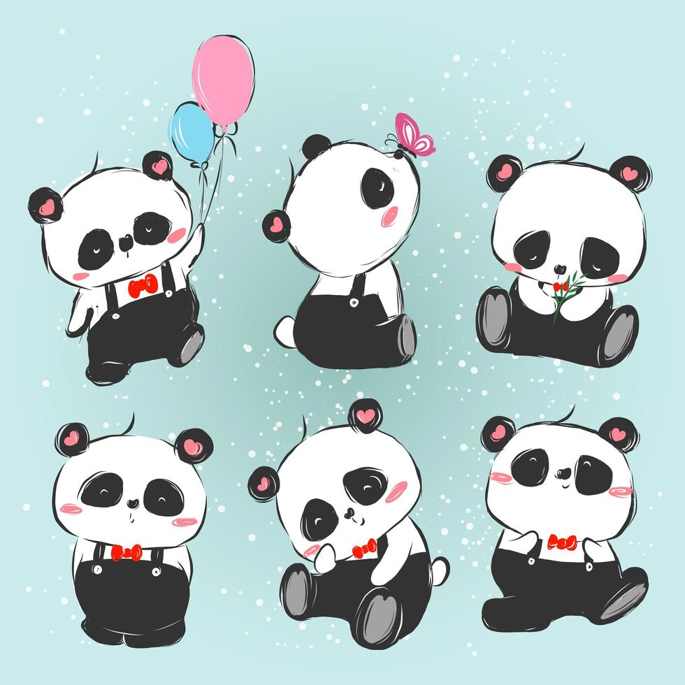 hand getrokken kleine panda set vector