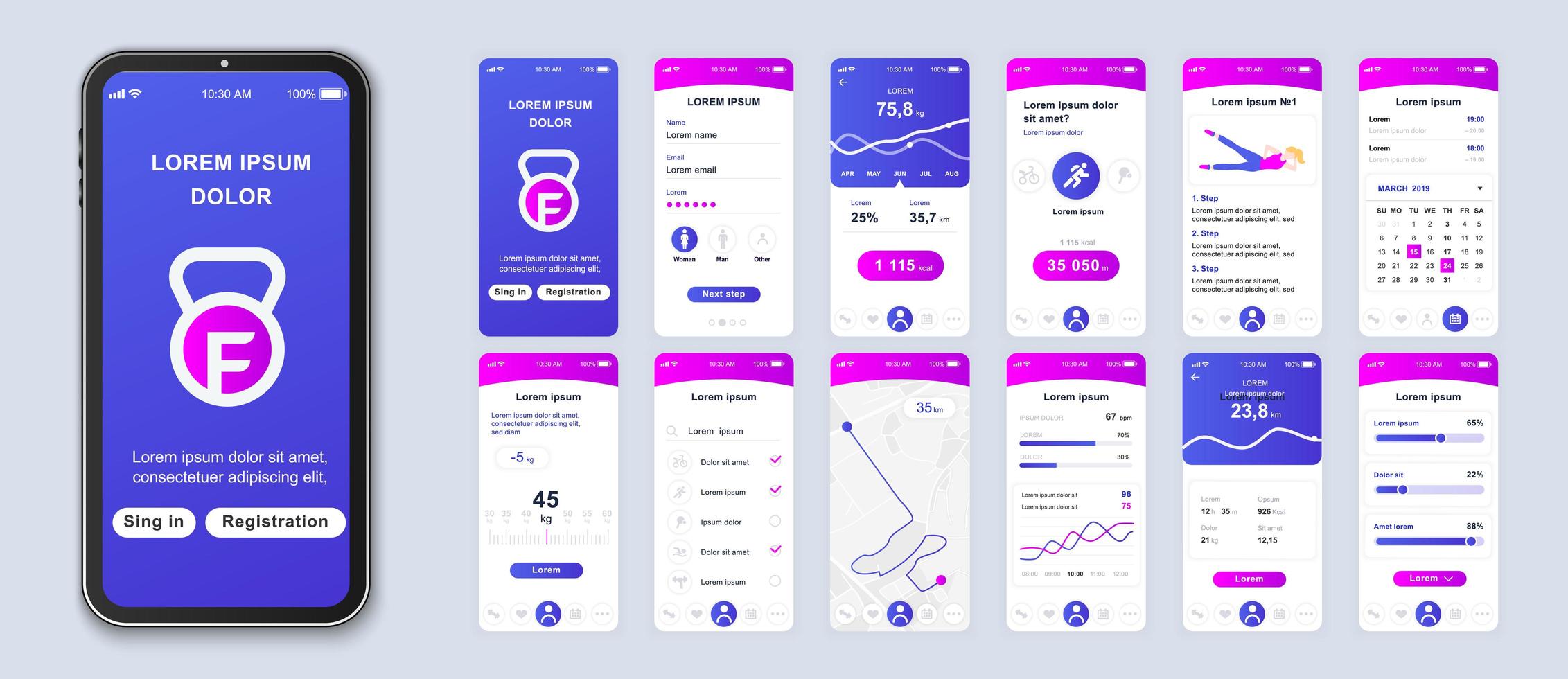 paarse en roze gradiënt fitness ui applicatie smartphone-interface vector