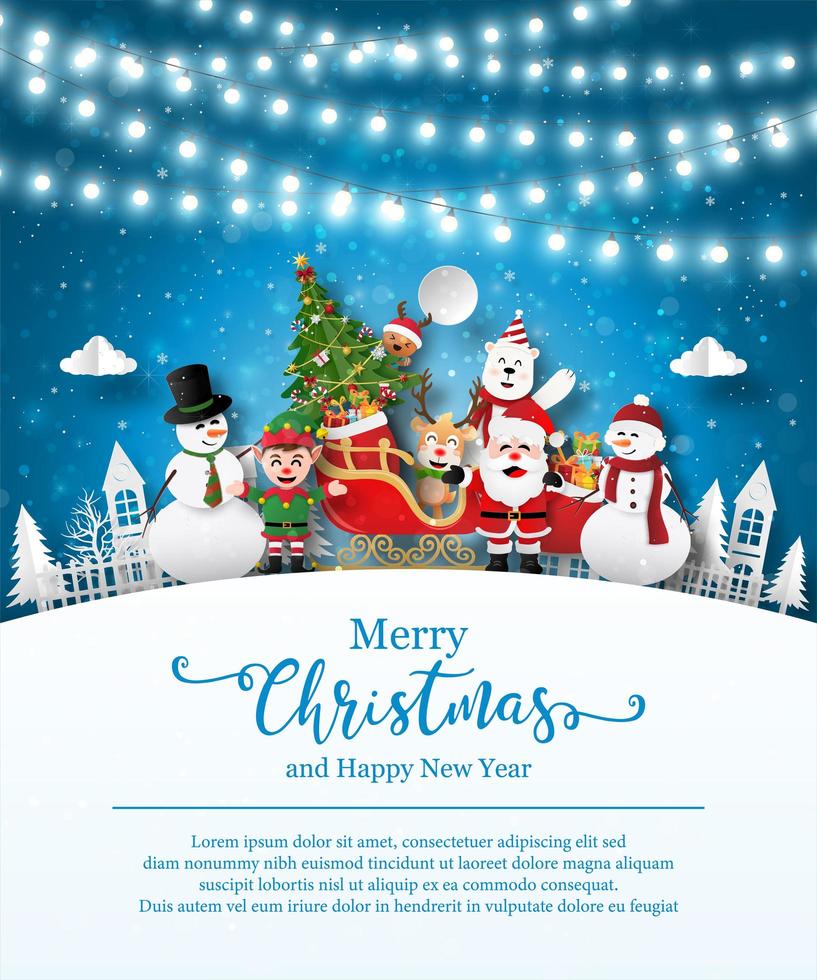 Kerstaffichemalplaatje met de kerstman en vrienden vector