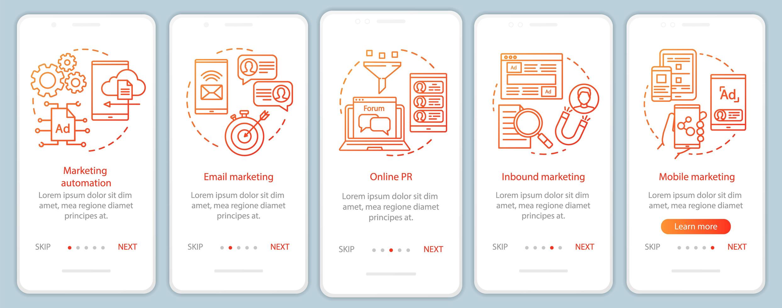 digitale marketingtactieken oranje onboarding-schermen vector