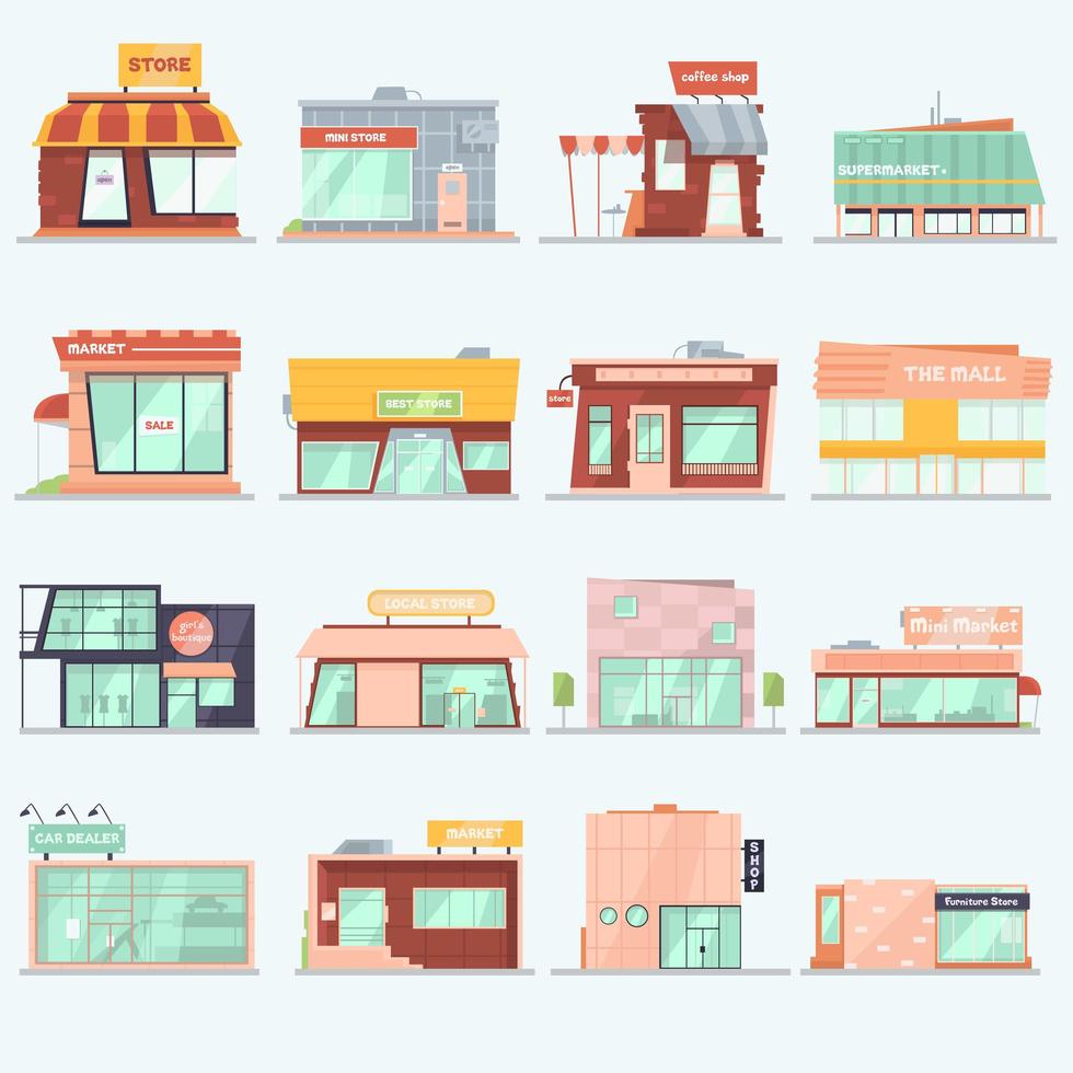 winkel gebouwen cartoon set vector