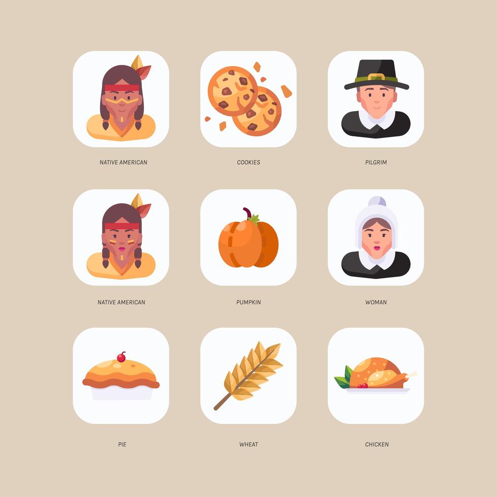 native american en pelgrim op thanksgiving day vector