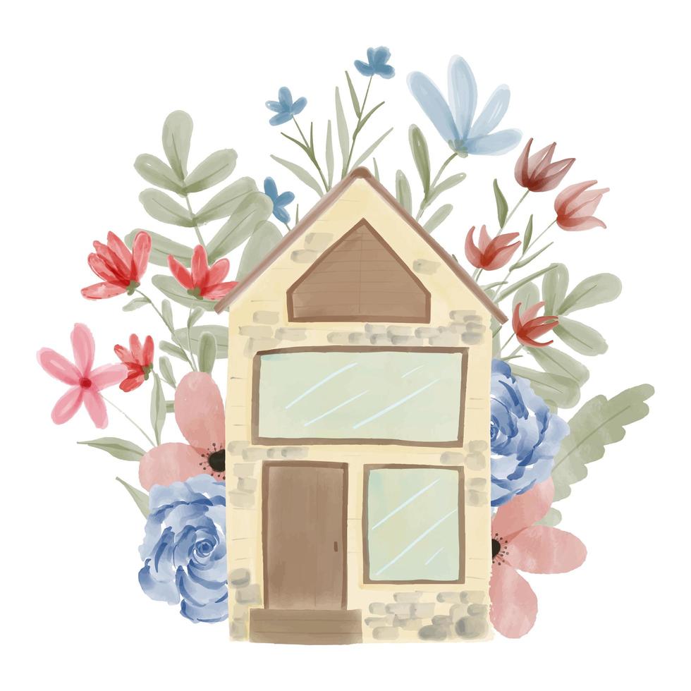 handgeschilderde aquarel huis met bloemdecoratie vector