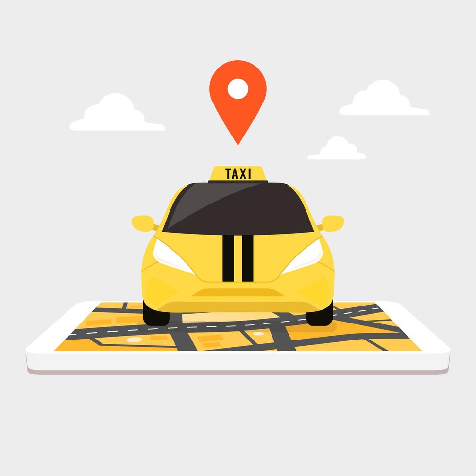 taxi op gigantische smartphone met stadsplattegrond op het scherm vector