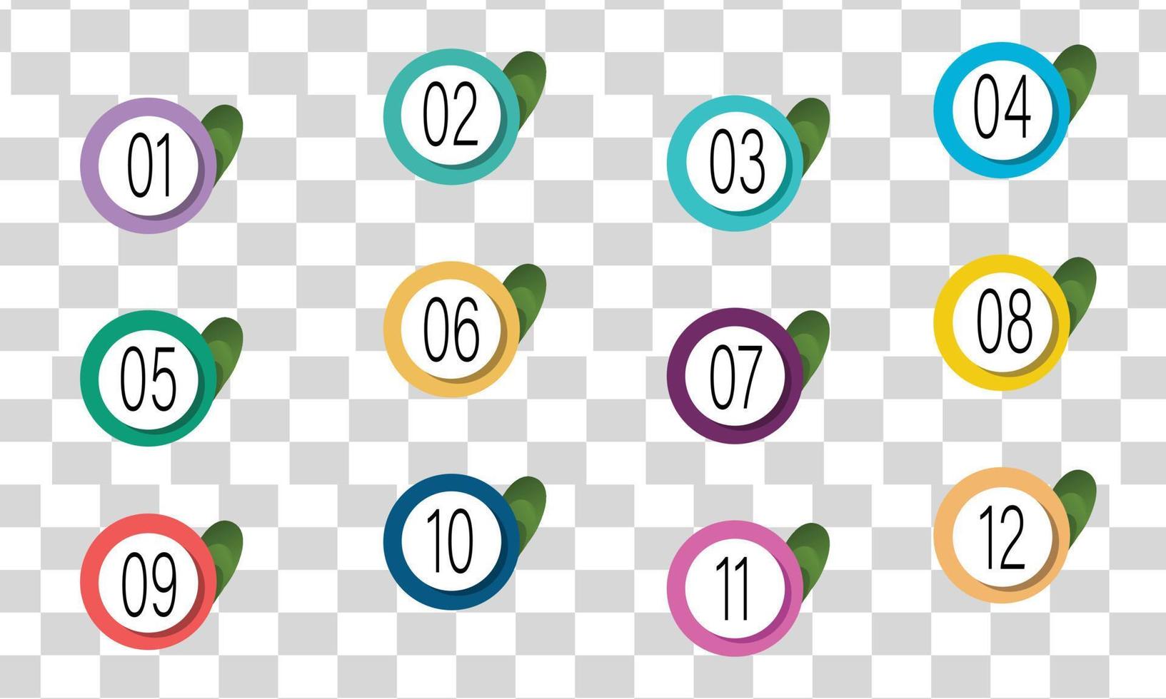 aantal kogel punt kleurrijk 3d met blad markeringen 1 naar 12 vector