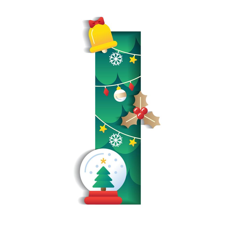 brief ik alfabet doopvont schattig vrolijk Kerstmis concept sneeuwbol maretak klok Kerstmis boom karakter doopvont Kerstmis element tekenfilm groen 3d papier laag uitknippen kaart vector illustratie