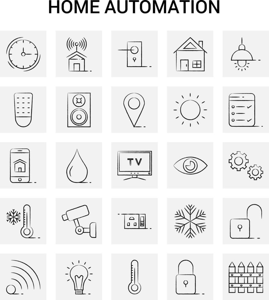 25 hand- getrokken huis automatisering icoon reeks grijs achtergrond vector tekening