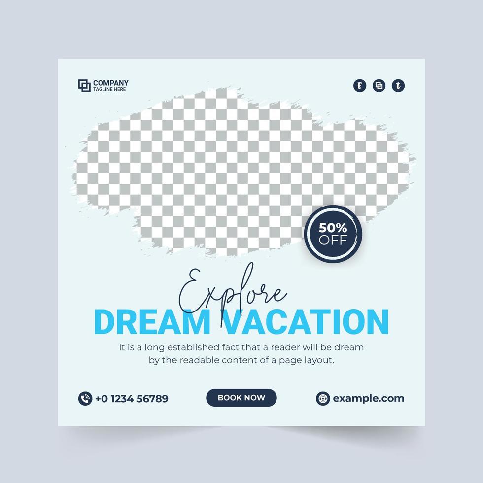 vakantie ontwerper bedrijf folder sjabloon. tour en reizen sociaal media post ontwerp met geel en blauw tekst. reizen agentschap Promotie banier sjabloon vector. toeren agentschap korting aanbod brochure. vector