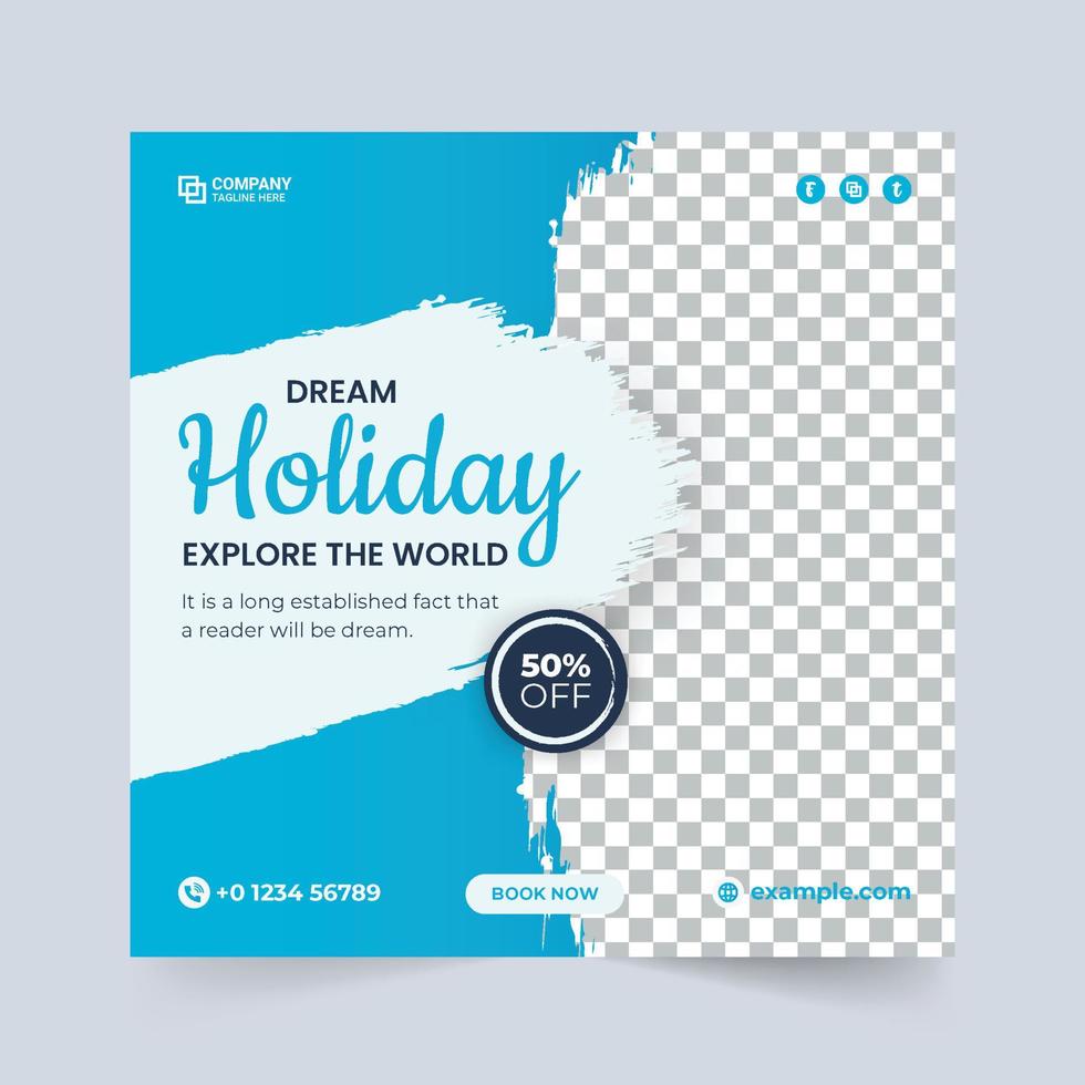 vakantie vakantie planner zakelijke flyer sjabloon. tour en reis social media postontwerp met gele en blauwe kleur. reisbureau zakelijke poster ontwerp vector. brochure met reiskorting. vector