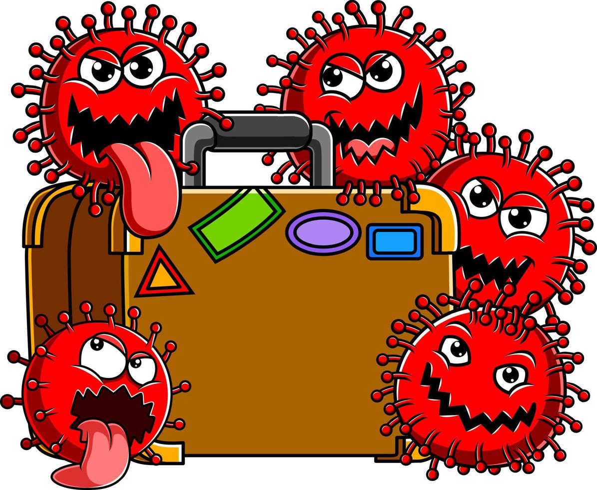corona virus familie met reizen zak vector