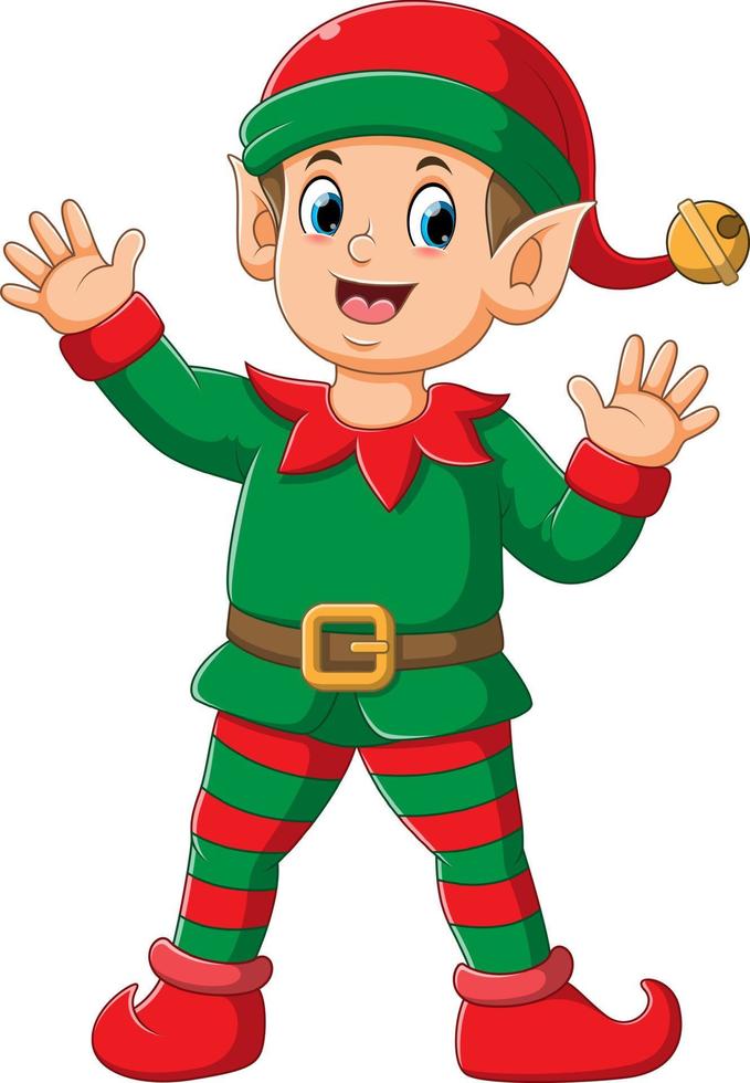 de jongen elfjes gebruik makend van de de kerstman clausule clown kostuum staand met de gelukkig gezicht vector