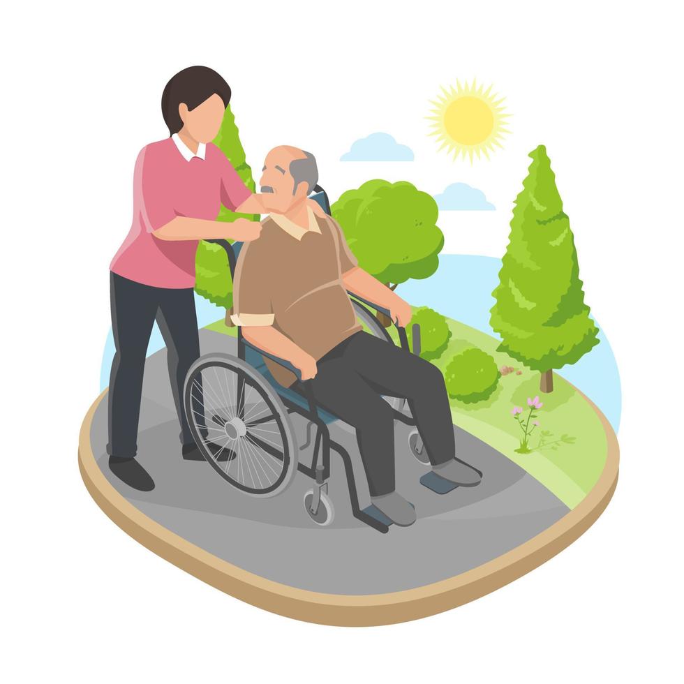 ouderen zorg bedlegerig geduldig concept oud Mens glimlach zitten Aan rolstoel in natuur tuin familie isometrische vector