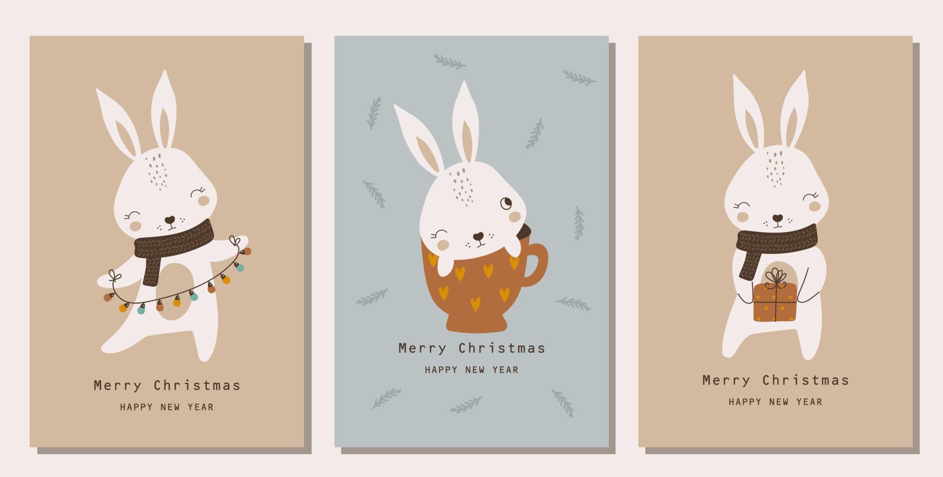 Kerstmis kaarten met schattig konijnen. vector illustraties