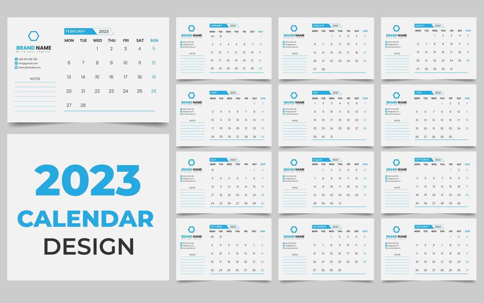 12023 kalender 12 maanden. de week begint Aan zondag. bedrijf vector illustratie.