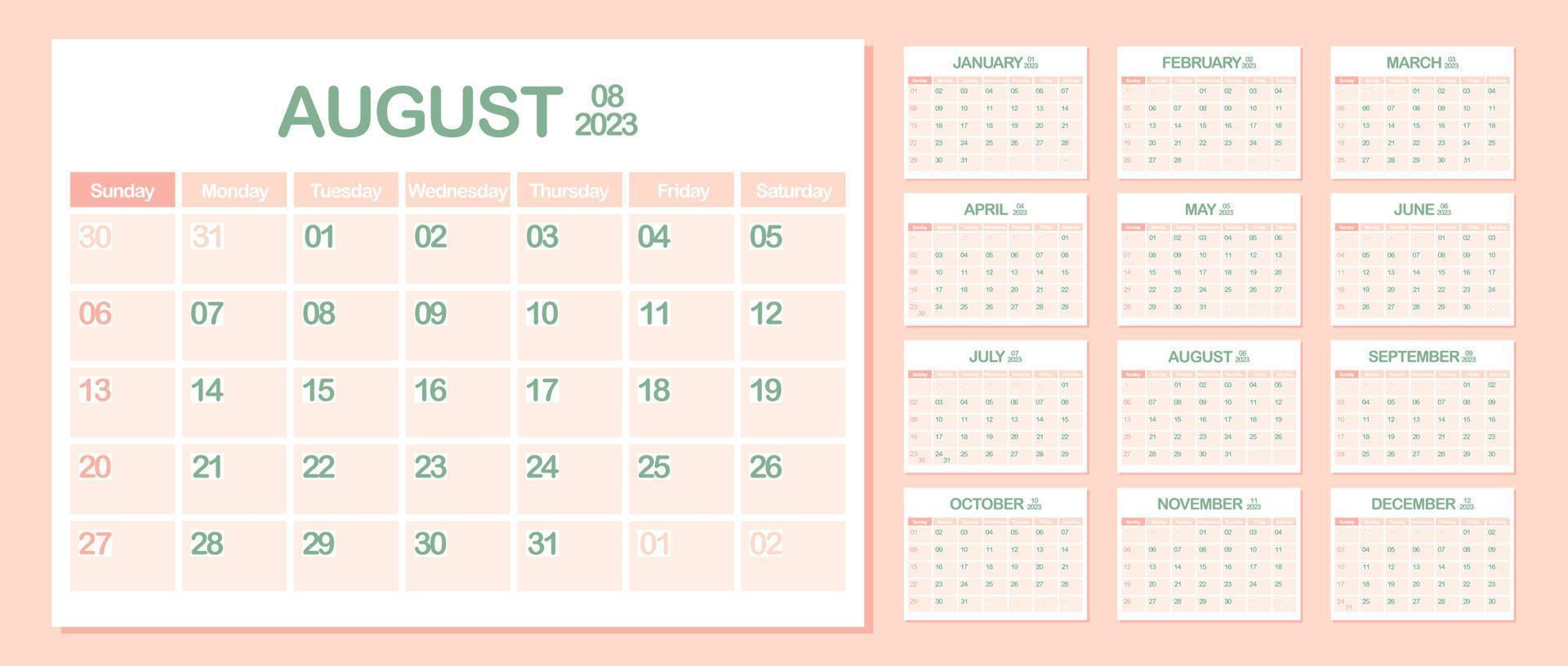 muur kalender 2023. augustus. week begint Aan zondag. maandelijks kalender sjabloon. ontwerp zakelijke planner. landschap oriëntatie. kantoor bedrijf planning. pastel kleur. vector illustratie